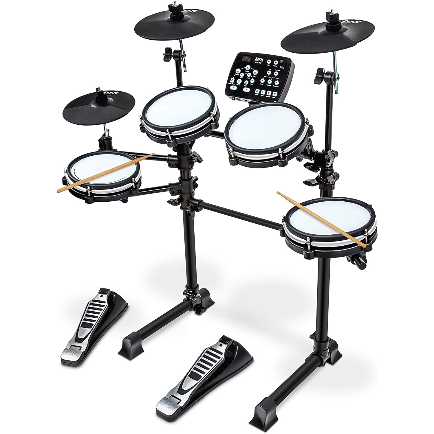 LyxJam 7-Piece Electronic Drum Kit, Professional Drum Set with Real Mesh Fabric, 209 Preloaded Sounds, 50 Play-Along Songs, Recording Capability,