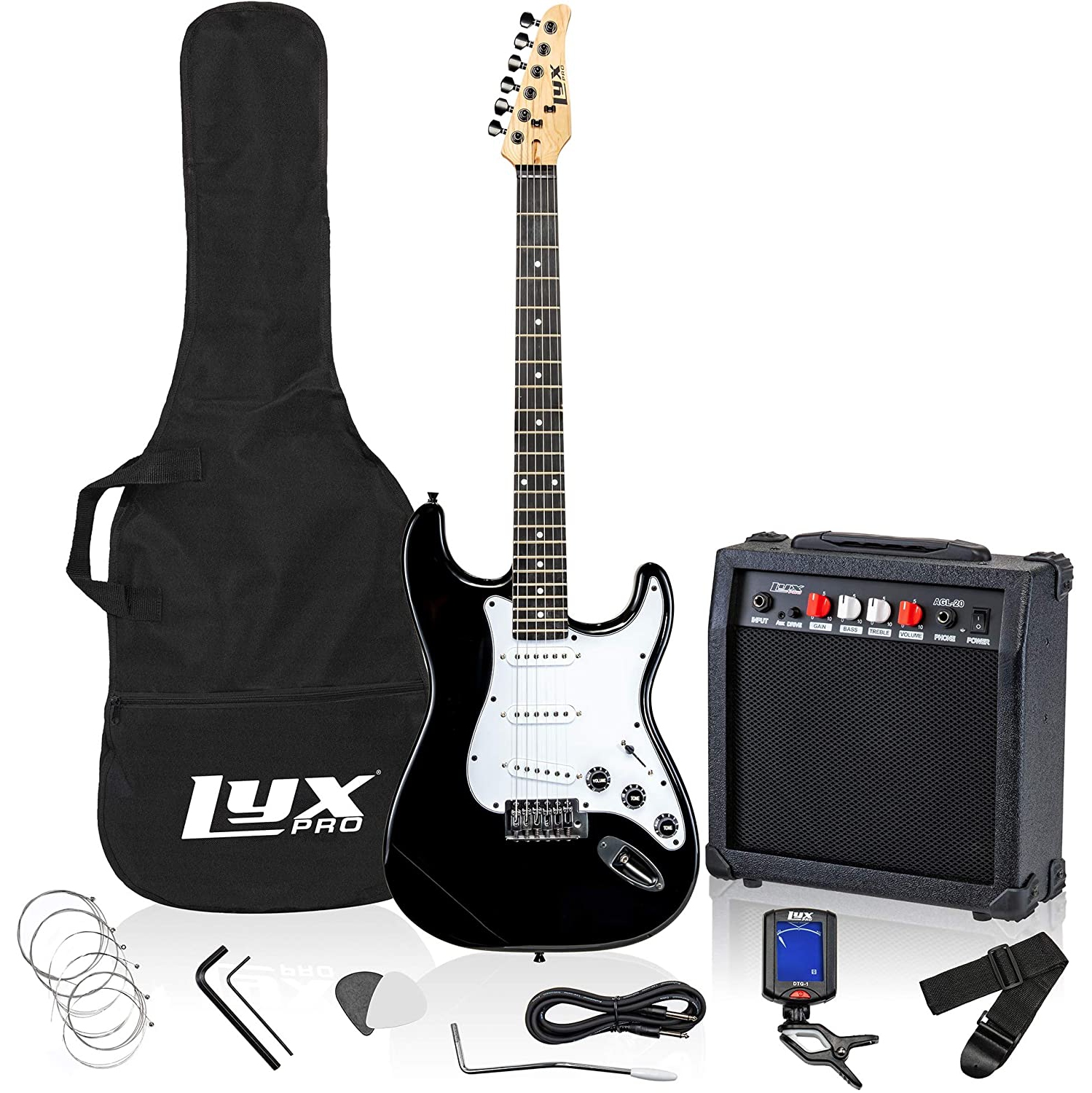 LyxPro 39 inch Electric Guitar Kit Bundle with 20w Amplifier, All Accessories, Digital Clip On Tuner, Six Strings, Two Picks, Tremolo Bar, Shoulder