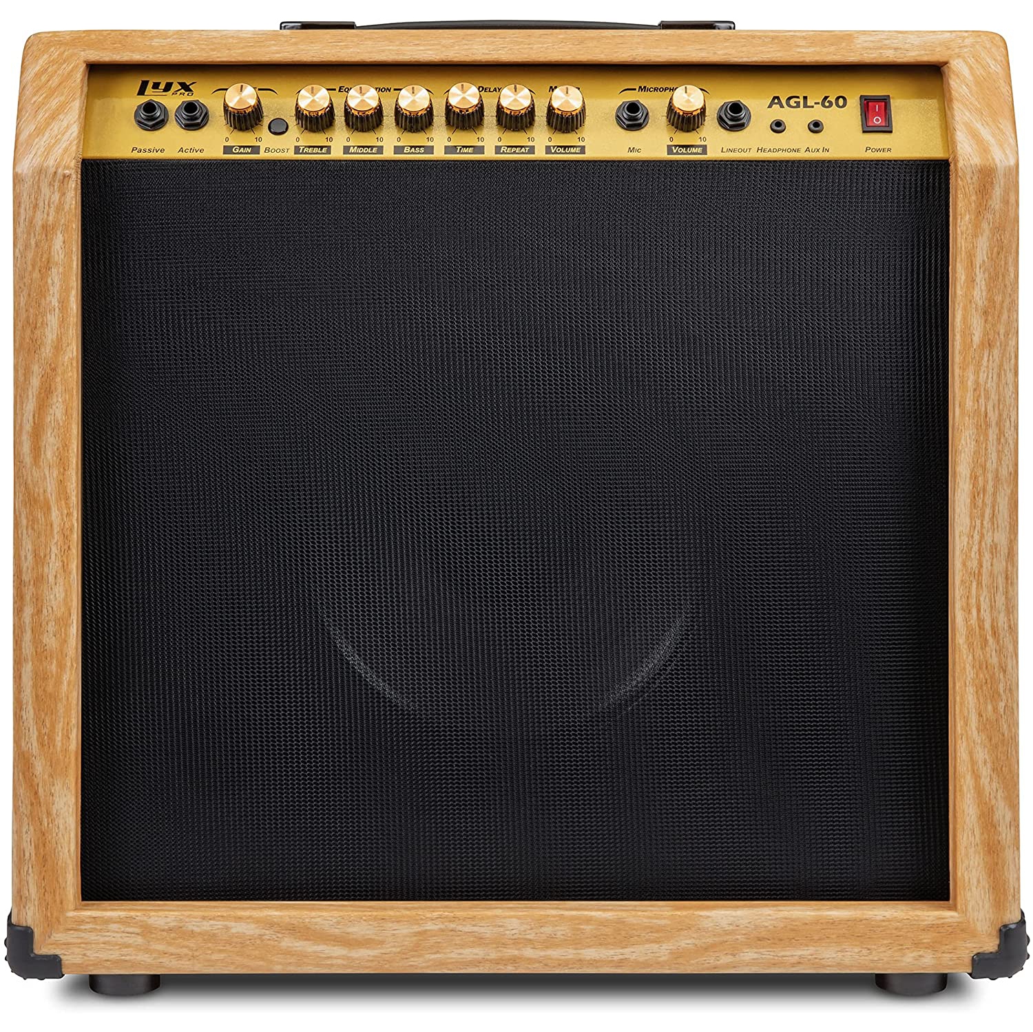 LyxPro 60 Watt Electric Guitar Amplifier | Combo Solid State Studio & Stage Amp with 10” 4-Ohm Speaker, Custom EQ Controls, Drive, Delay, ¼” Passive/Active/Mic Inputs, Aux In & Headphone Jack -Natural