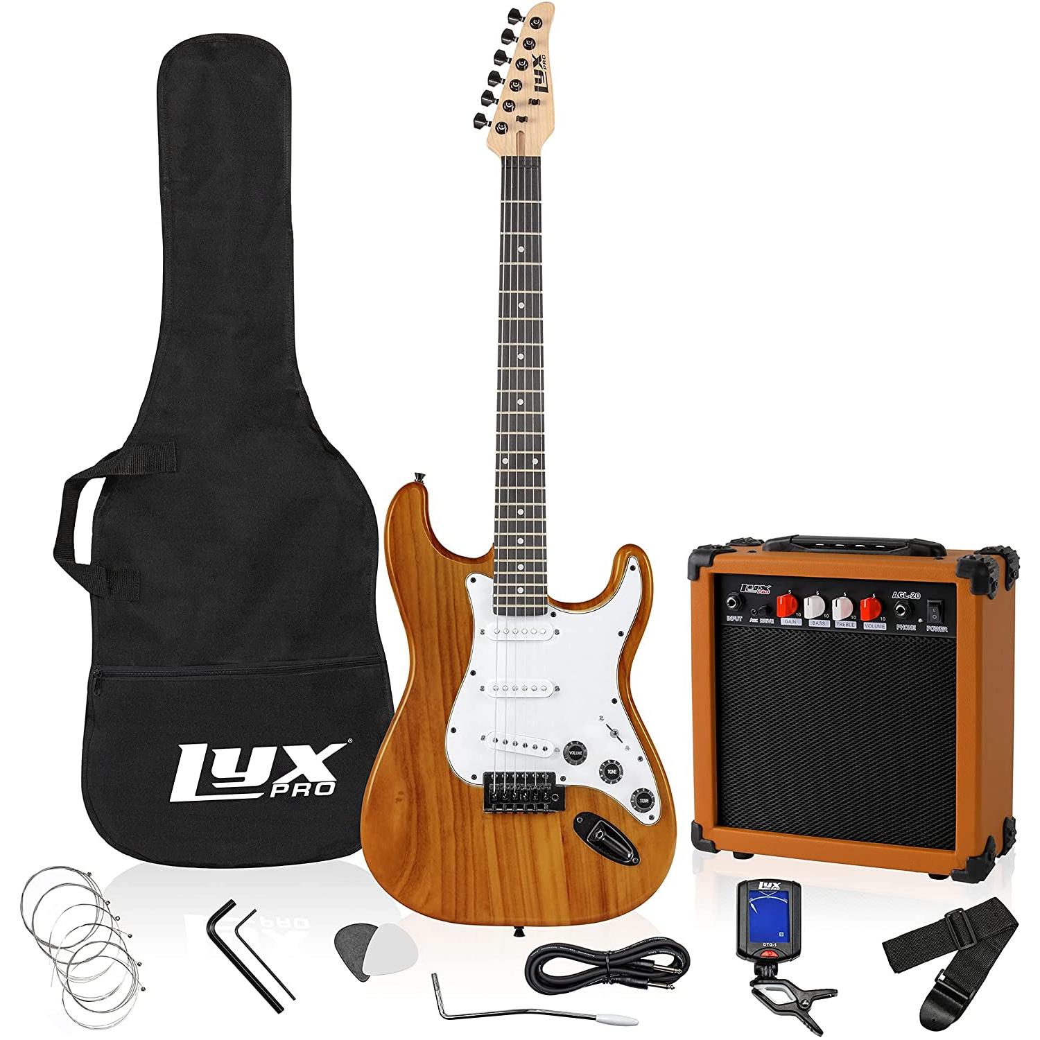 LyxPro 39 inch Electric Guitar Kit Bundle with 20w Amplifier, All Accessories, Digital Clip On Tuner, Six Strings, Two Picks, Tremolo Bar, Shoulder