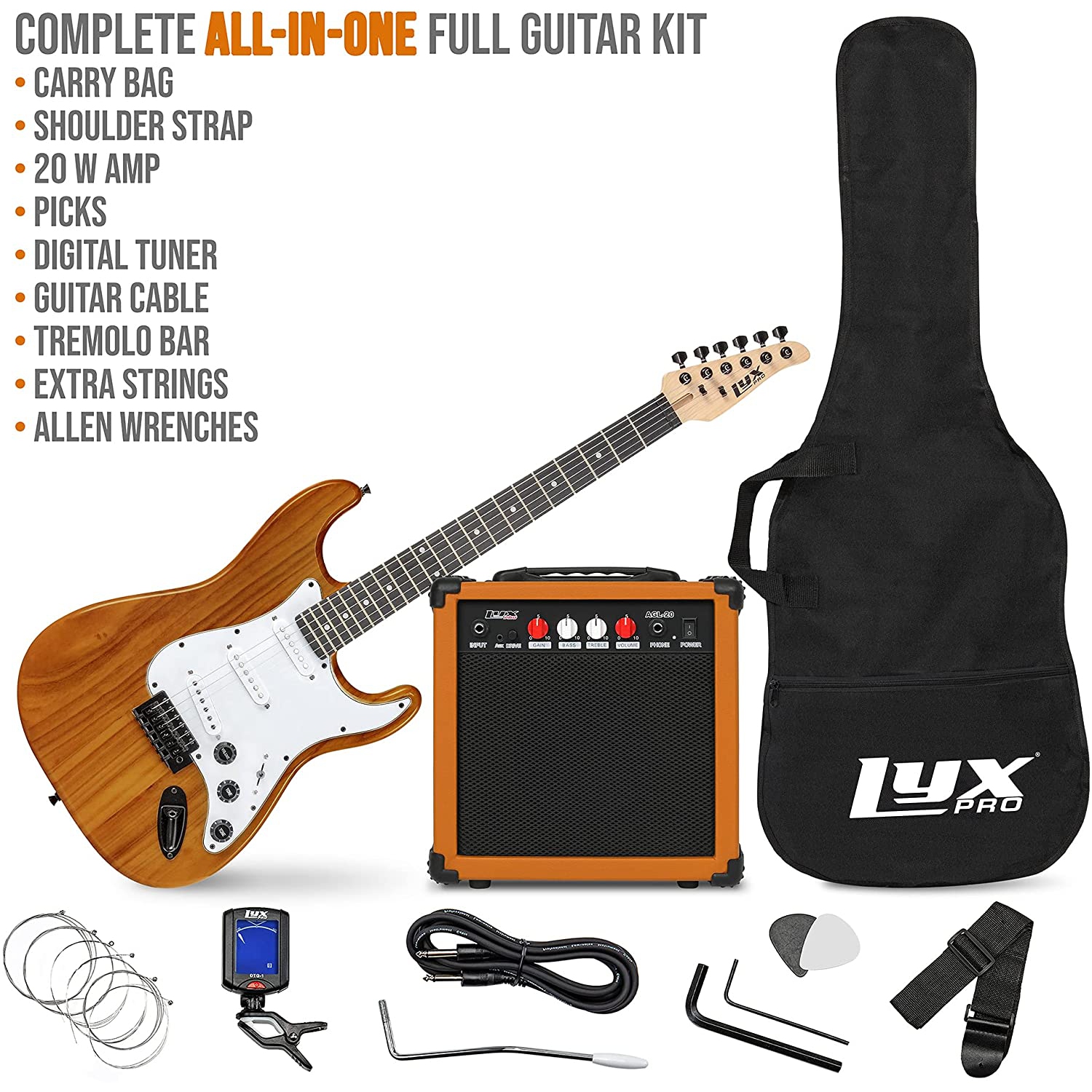 LyxPro 39 inch Electric Guitar Kit Bundle with 20w Amplifier, All Accessories, Digital Clip On Tuner, Six Strings, Two Picks, Tremolo Bar, Shoulder