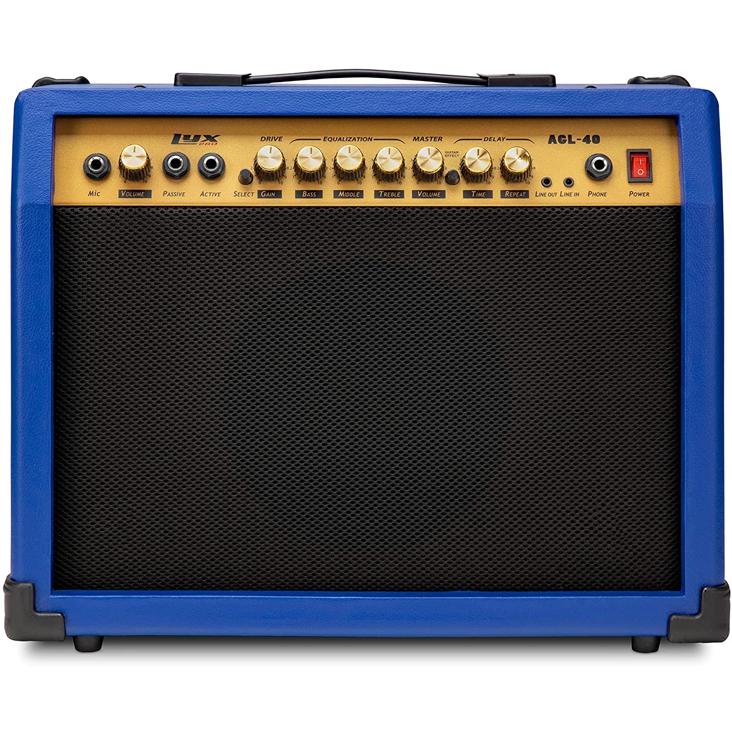 LyxPro 40 Watt Electric Guitar Amplifier | Combo Solid State Studio Amp with 8” 4-Ohm Speaker, Custom EQ Controls, Drive, Delay, ¼” Passive/Active/Microphone Inputs, Aux In & Headphone Jack - Blue