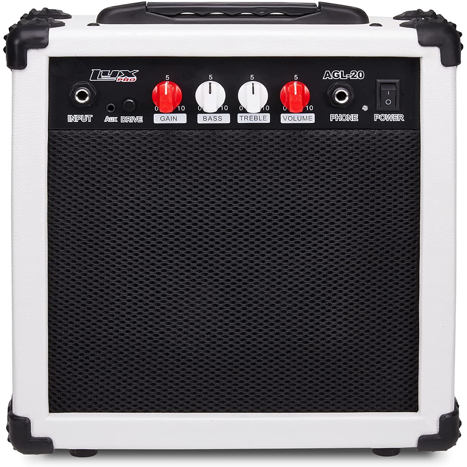 LyxPro Ampli de guitare électrique 20 Watt Amplificateur intégré dans le casque de haut-parleur Jack et Aux entrée comprend gain basse Treble volume et grind - blanc