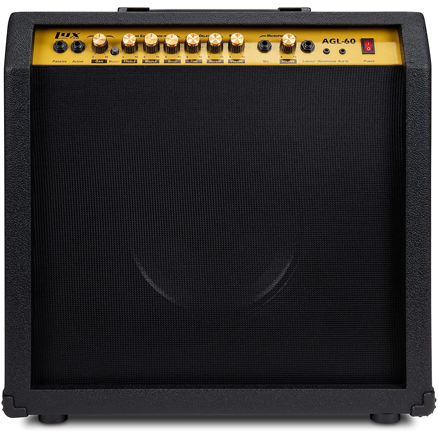 LyxPro 60 Watt Electric Guitar Amplifier | Combo Solid State Studio & Stage Amp with 10” 4-Ohm Speaker, Custom EQ Controls, Drive, Delay, ¼” Passive/Active/Microphone Inputs, Aux In & Headphone Jack