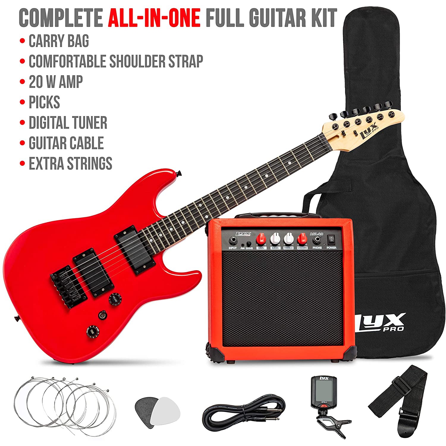LyxPro 36 Inch Electric Guitar and Kit for Kids with 3/4 Size Beginner’s Guitar, Amp, Six Strings, Two Picks, Shoulder Strap, Digital Clip On Tuner,