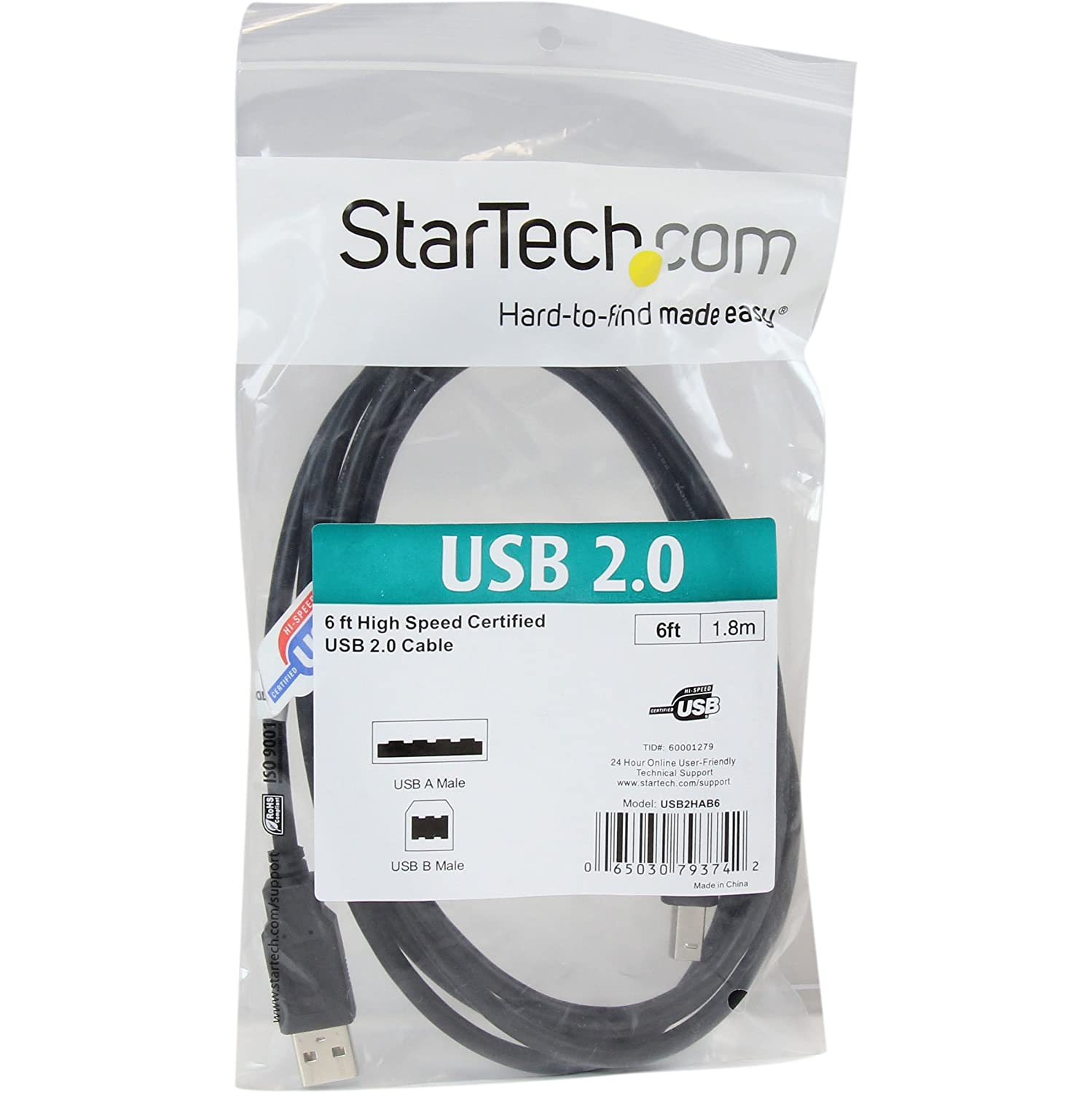 6 ft. USB Printer Cable - USB 2.0 A to B - Printer Cable - Black - USB A to B (USB2HAB6)