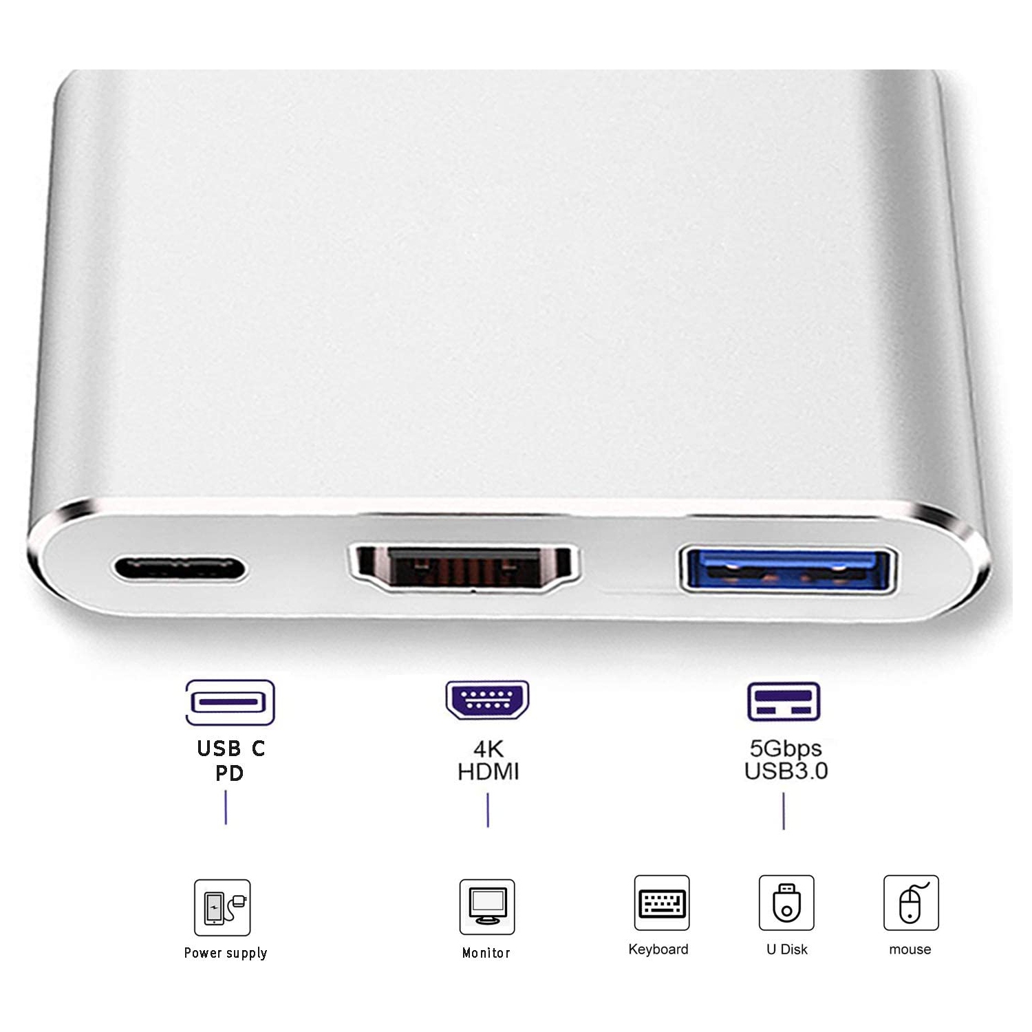 Adaptateur USB-C à HDMI de a-Z Electronics - Câble convertisseur 3-EN-1 de type C pour MacBook Pro 2017/2018, iMac, iPad
