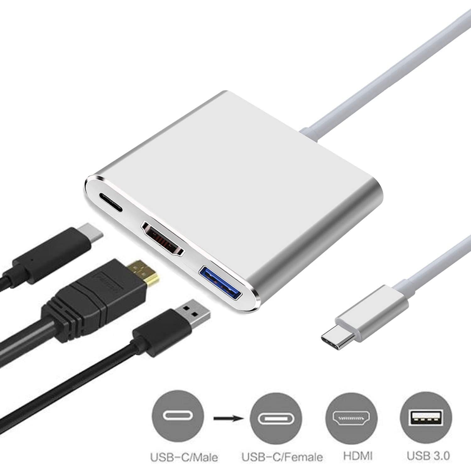 Adaptateur USB-C à HDMI de a-Z Electronics - Câble convertisseur 3-EN-1 de type C pour MacBook Pro 2017/2018, iMac, iPad