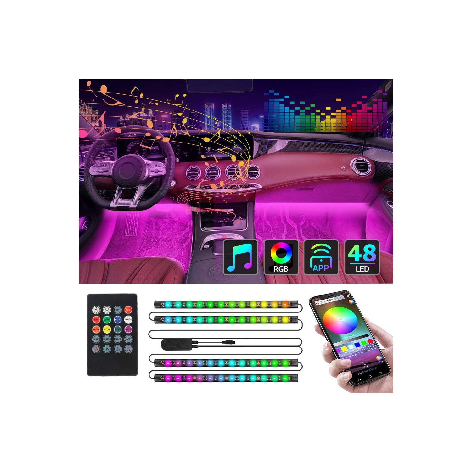Car Interior Indoor RGB Strip Light with Remote Control and APP Control 48 LEDs - L70XW30XH15mm