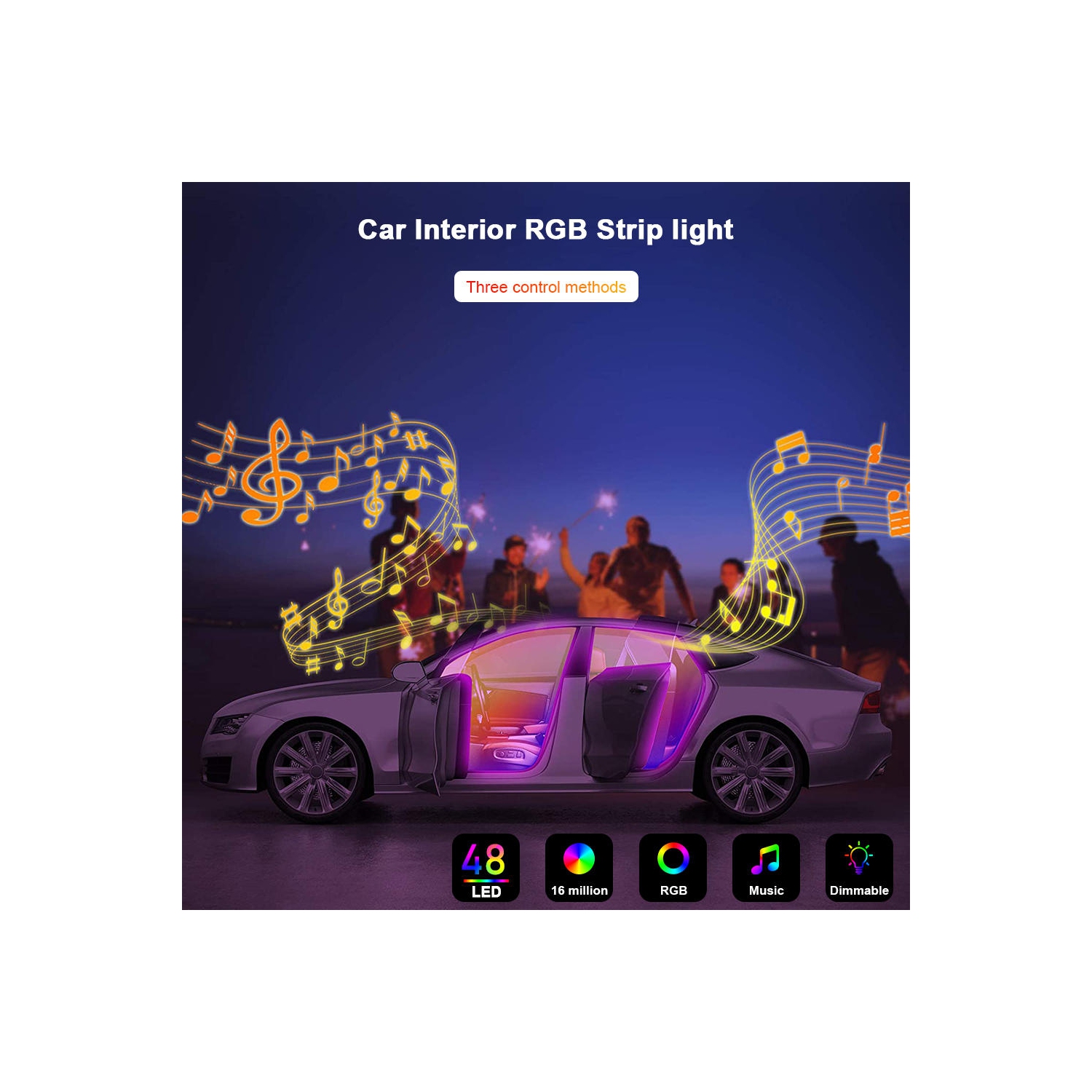 Car Interior Indoor RGB Strip Light with Remote Control and APP Control 48 LEDs - L70XW30XH15mm