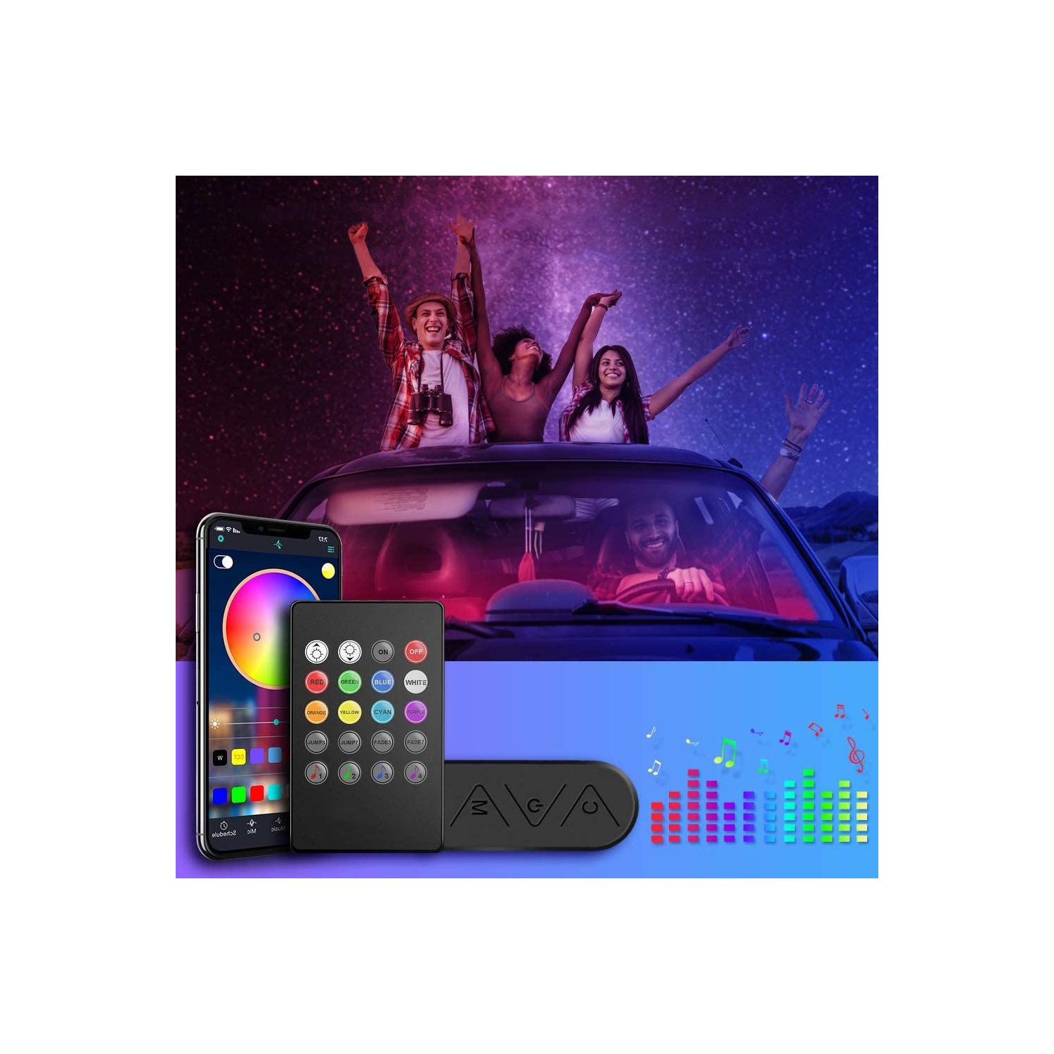 Car Interior Indoor RGB Strip Light with Remote Control and APP Control 48 LEDs - L70XW30XH15mm