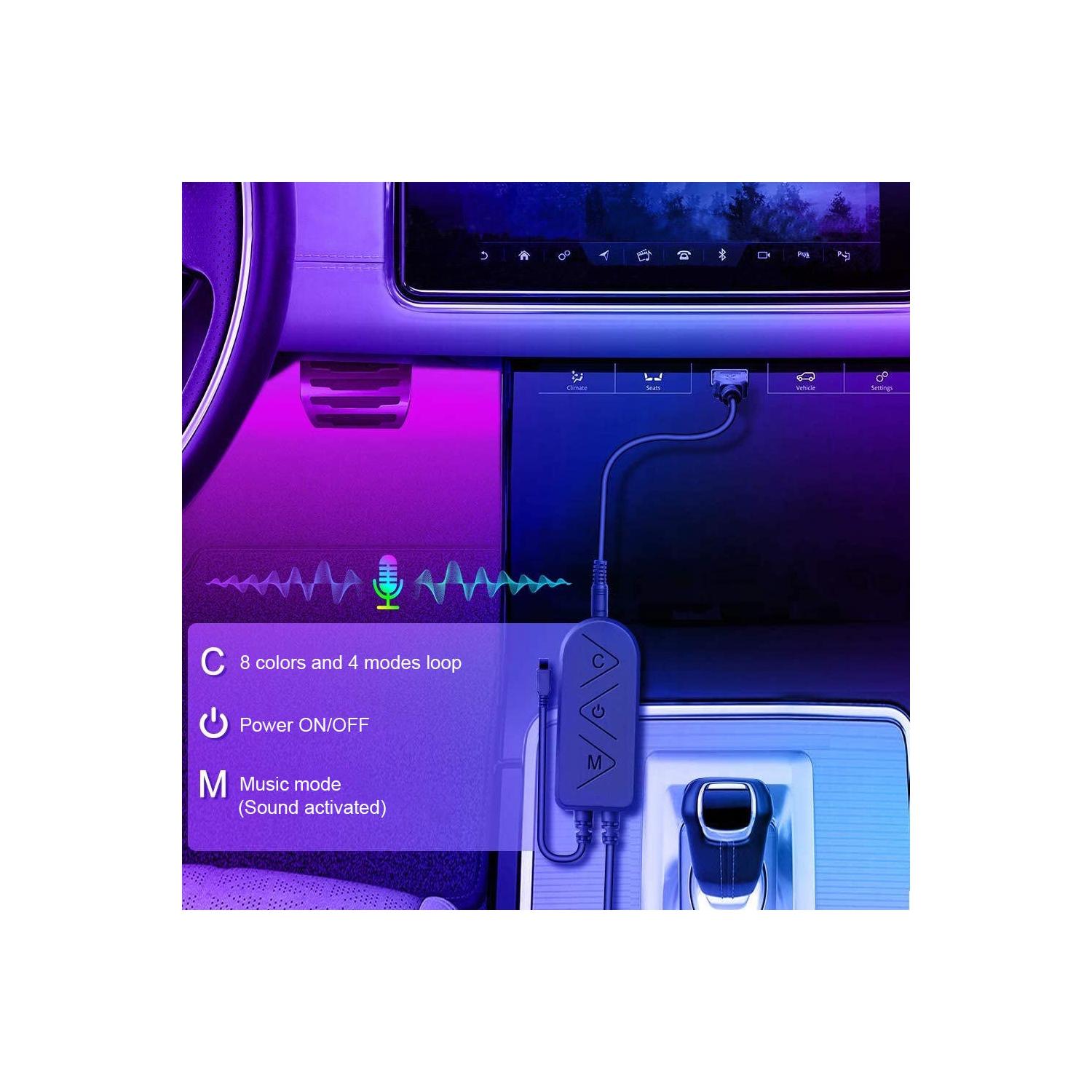 Car Interior Indoor RGB Strip Light with Remote Control and APP Control 48 LEDs - L70XW30XH15mm