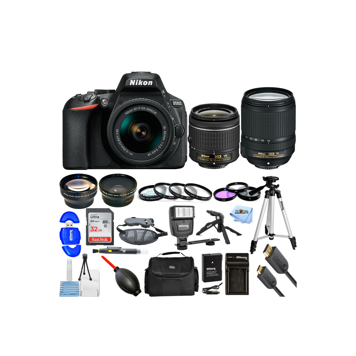 Nikon D5600 DSLR with AF-P 18-55mm + 18-140mm VR - Top Value 4 Lenses Bundle