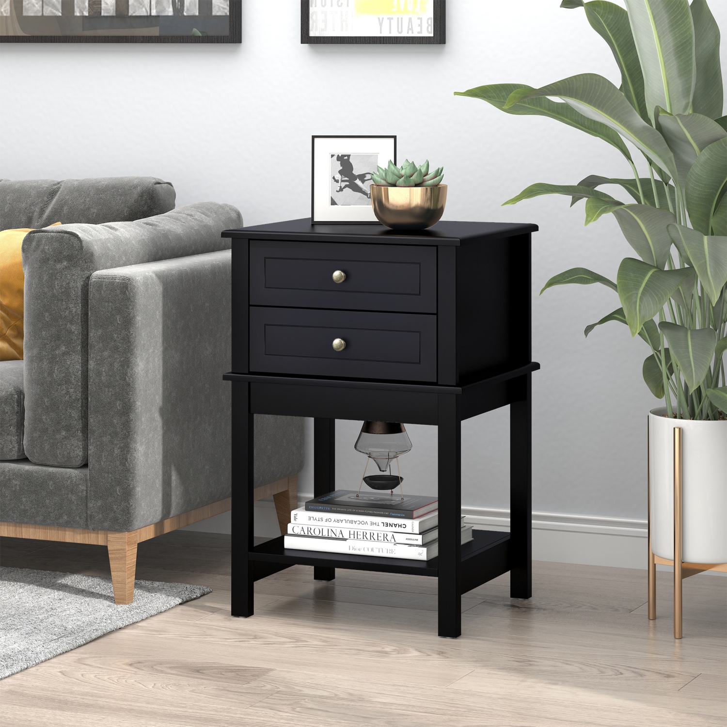HOMCOM Modern Nightstand, Accent End Side Table with 2 Drawers and Storage Shelf, Bedside Table for Bedroom, Black