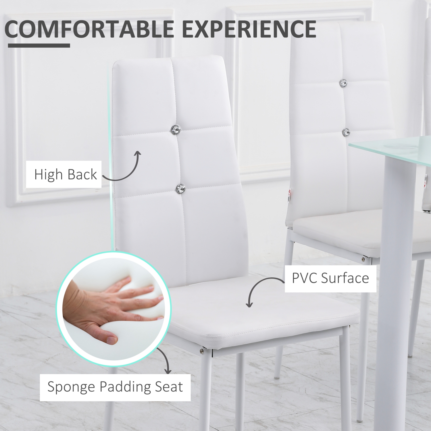 HOMCOM Modern Dining Chairs Set of 4, Upholstered Faux Leather Kitchen Chairs with Crystal Tufting and Metal Legs for Living Room, Dining Room,