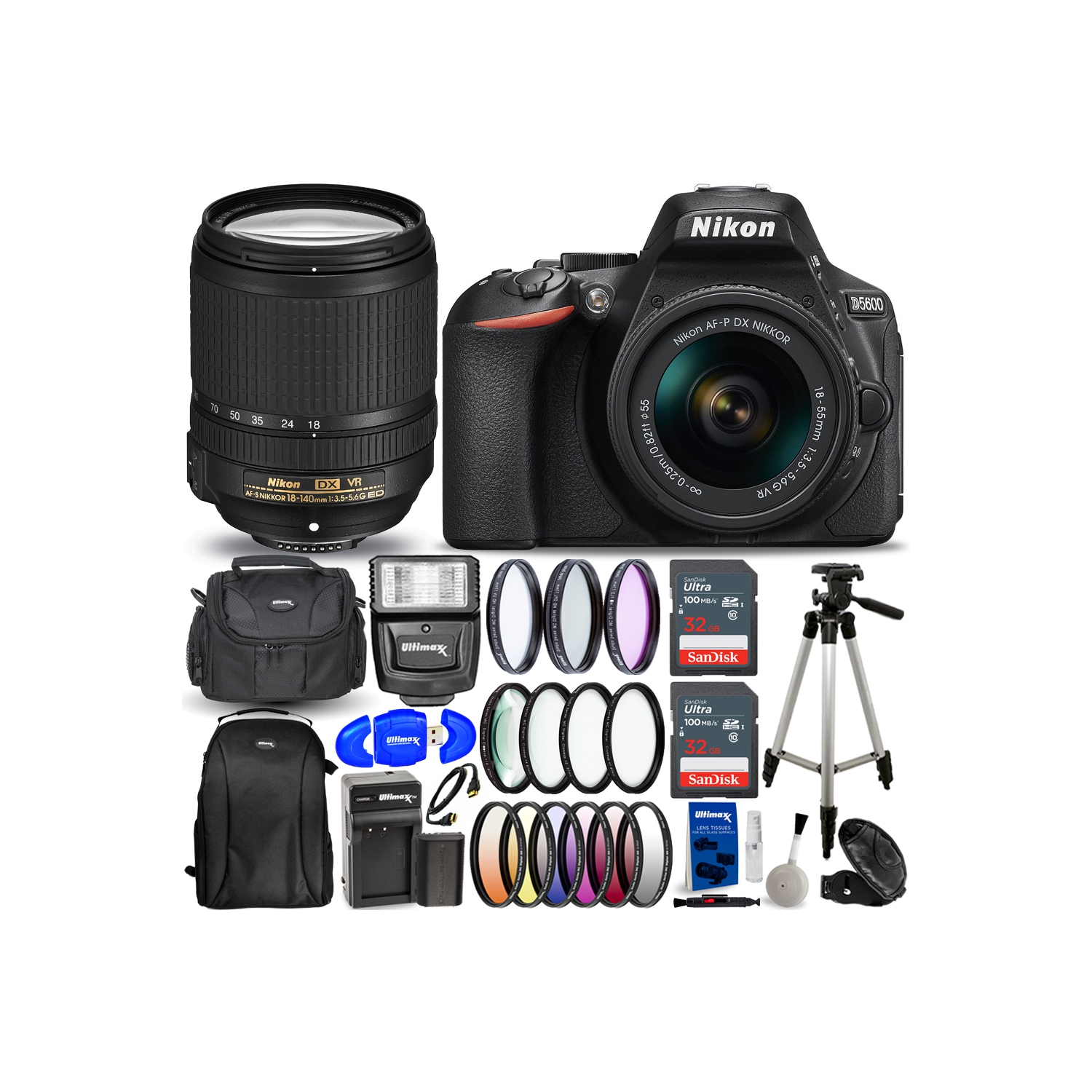 Nikon D5600 DSLR with AF-P 18-55mm + 18-140mm VR Lenses - 18PC Accessory Bundle