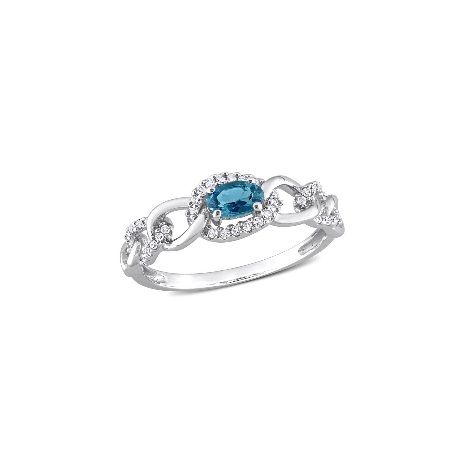 1/3 Carat London Blue Topaz Link Ring in 10K White Gold with Diamonds