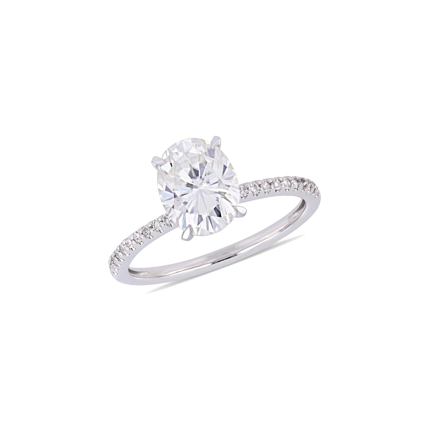 Bague fiançailles or blanc 14 ct/diamants 1/10 ct moissanite synthétique ovale solitaire (I1-I2) 2.00