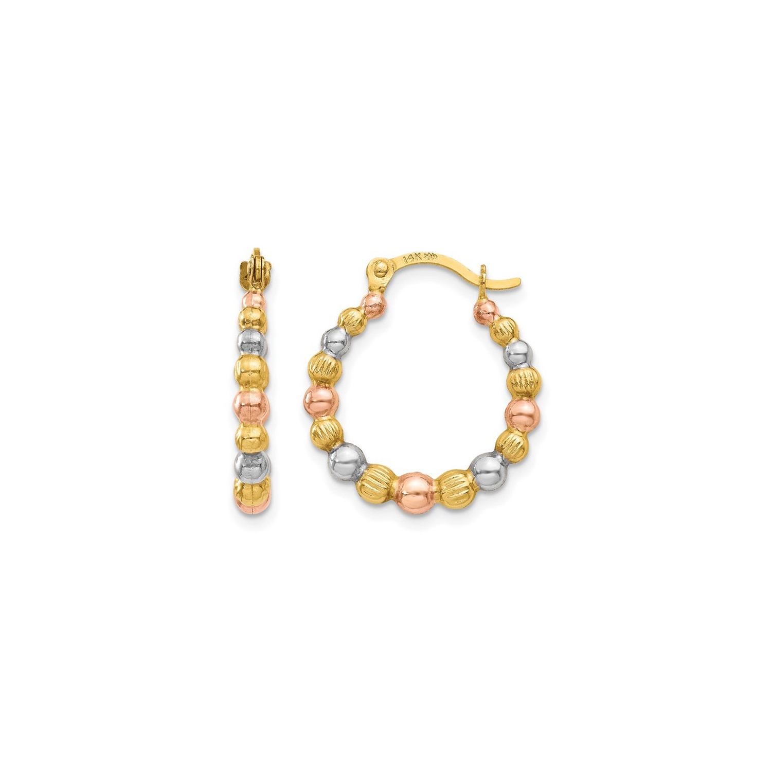 14K White Yellow and Rose Pink Gold Beaded Hoop Earrings