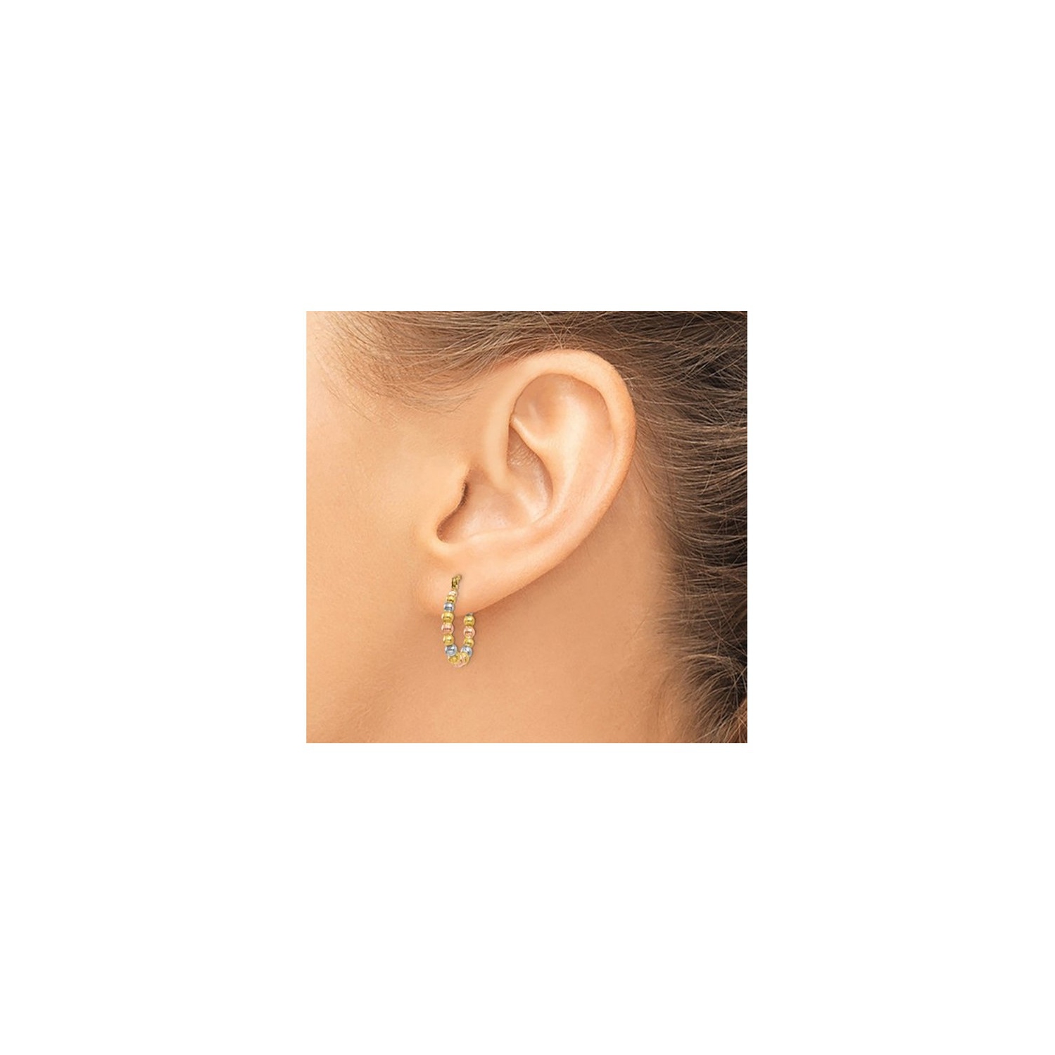 14K White Yellow and Rose Pink Gold Beaded Hoop Earrings