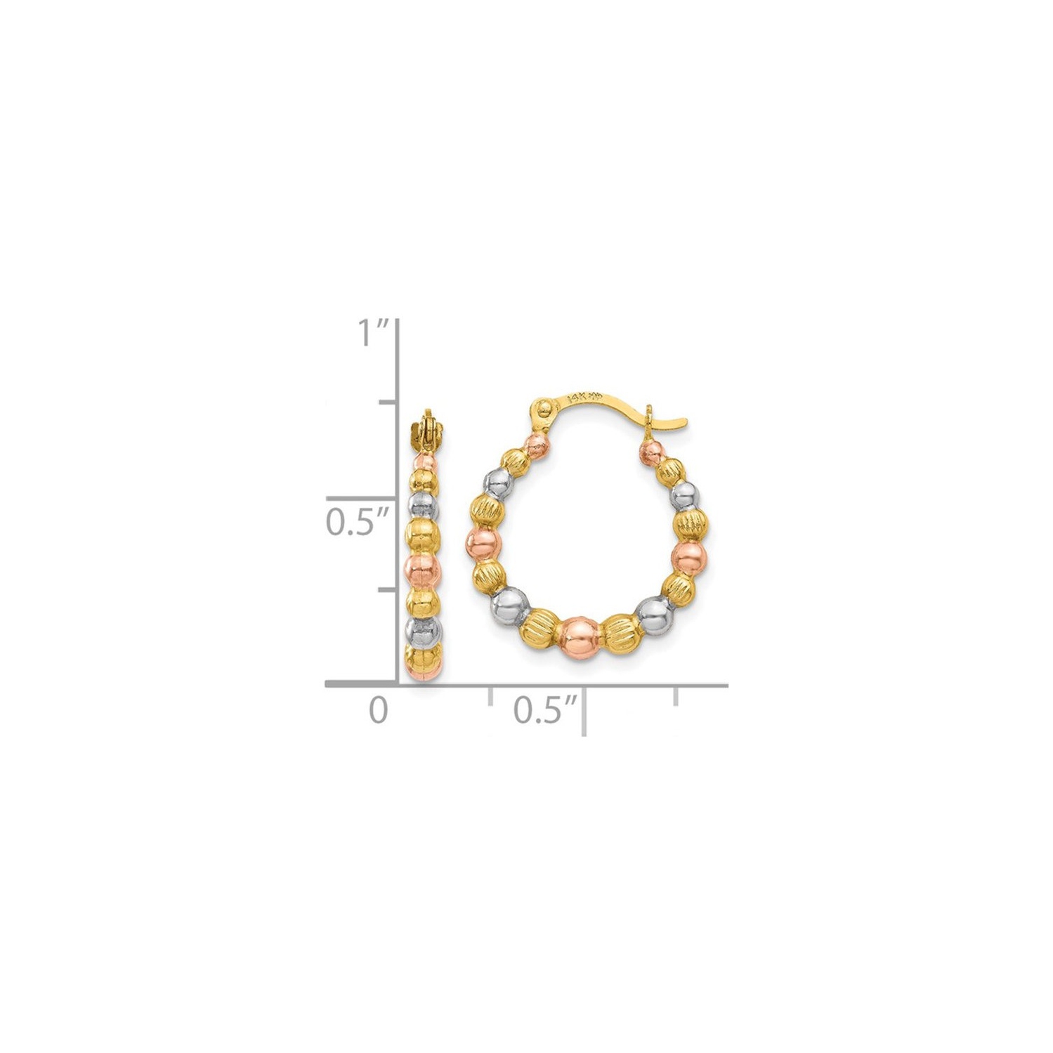 14K White Yellow and Rose Pink Gold Beaded Hoop Earrings