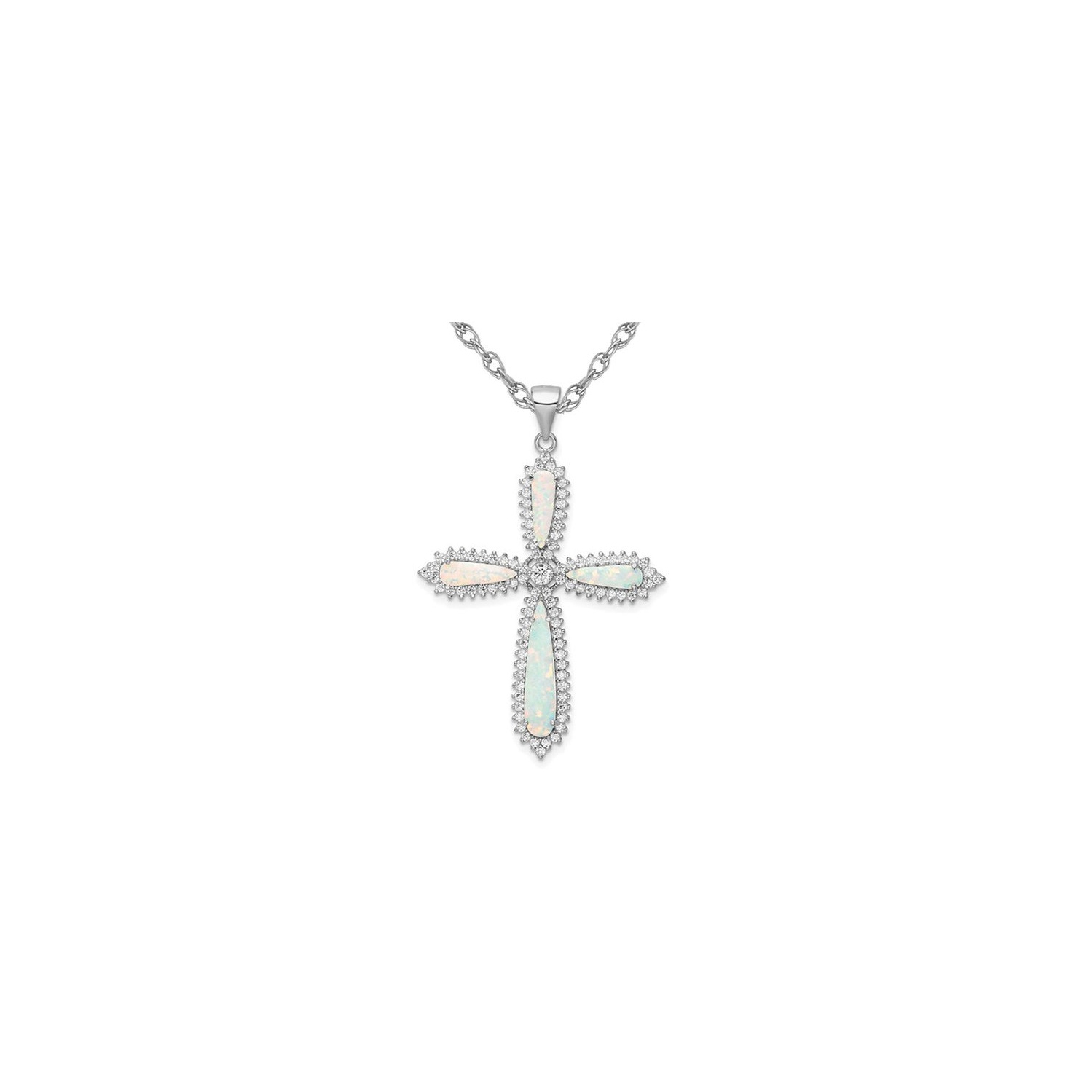 Large Lab-Created Opal Cross Pendant Necklace in Sterling Silver with Cubic Zirconias and Chain