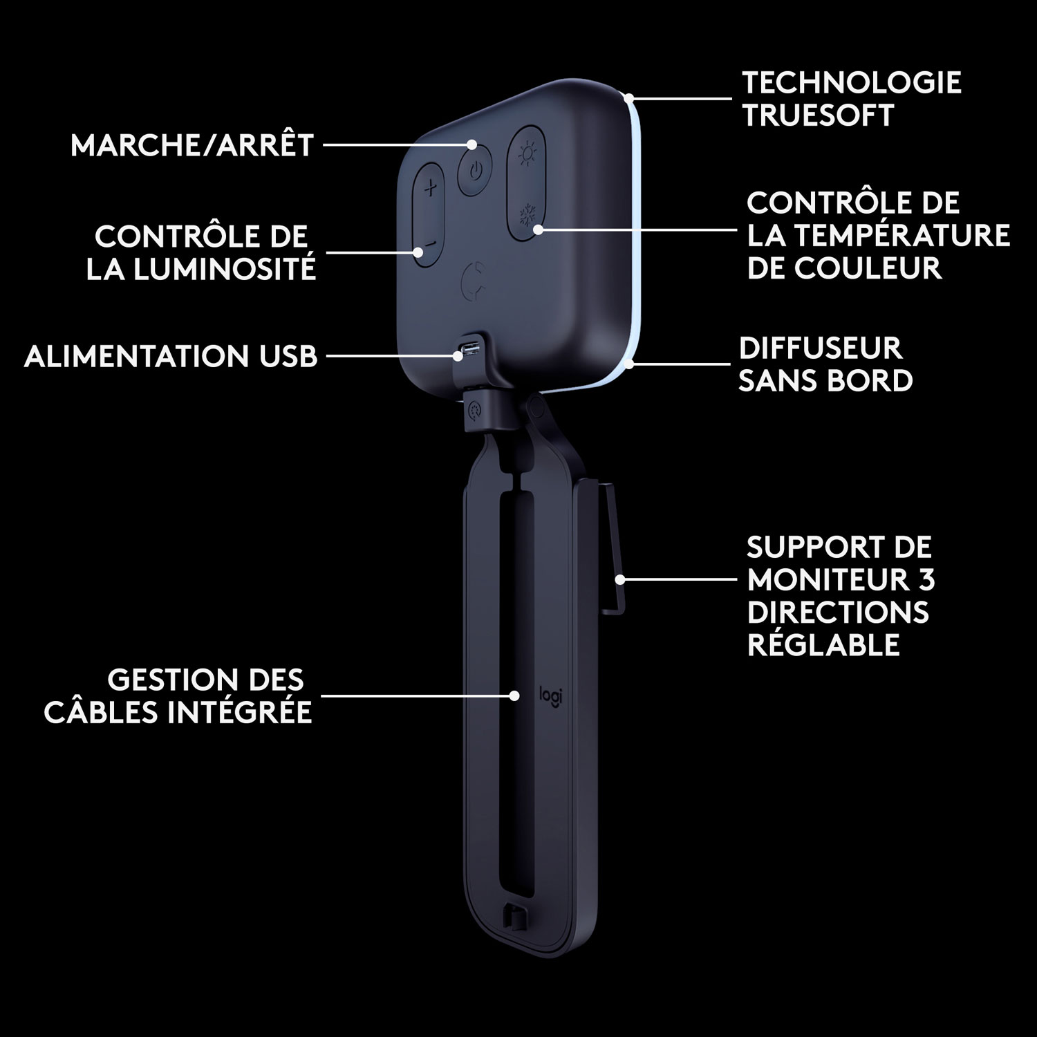 Lampe de diffusion DEL haut de gamme Litra Glow de Logitech avec TrueSoft - Noir