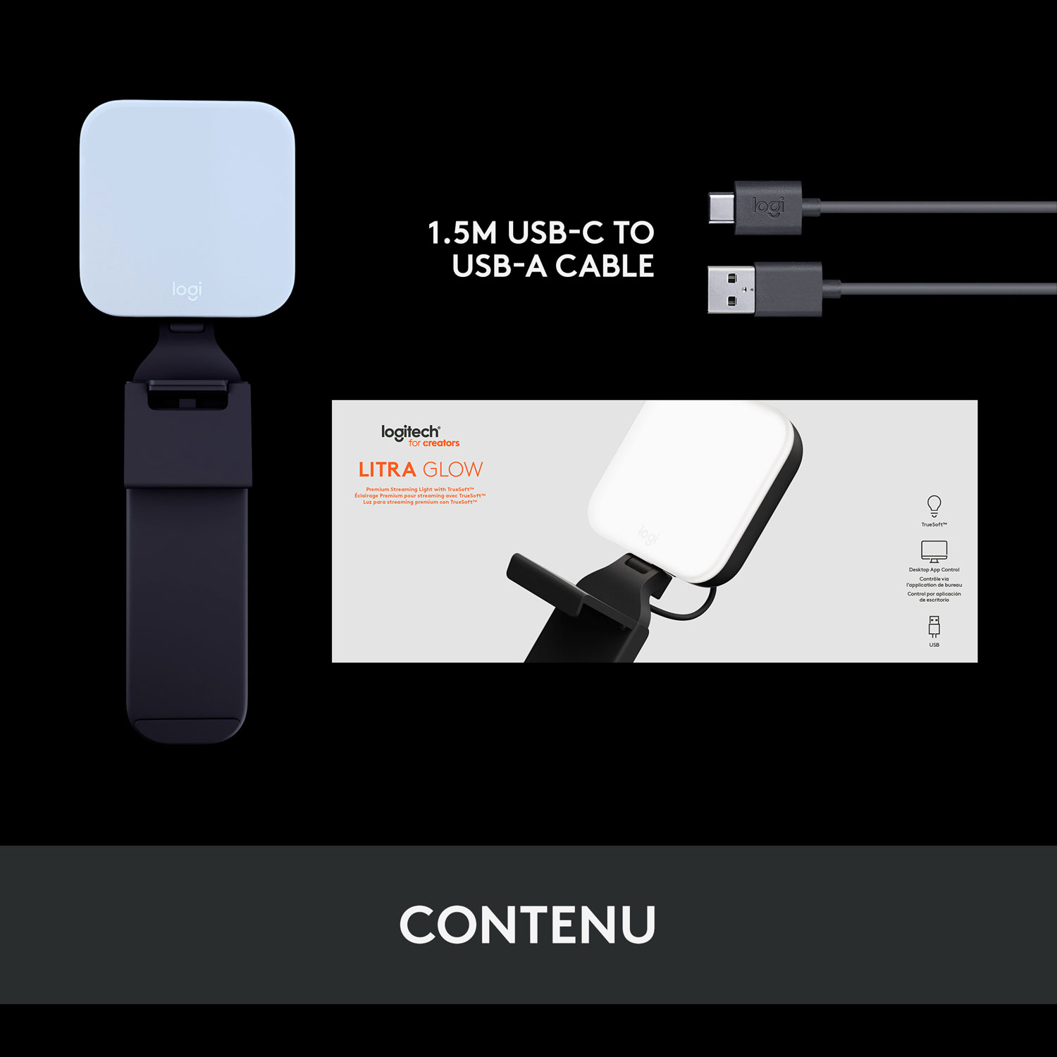 Lampe de diffusion DEL haut de gamme Litra Glow de Logitech avec TrueSoft - Noir