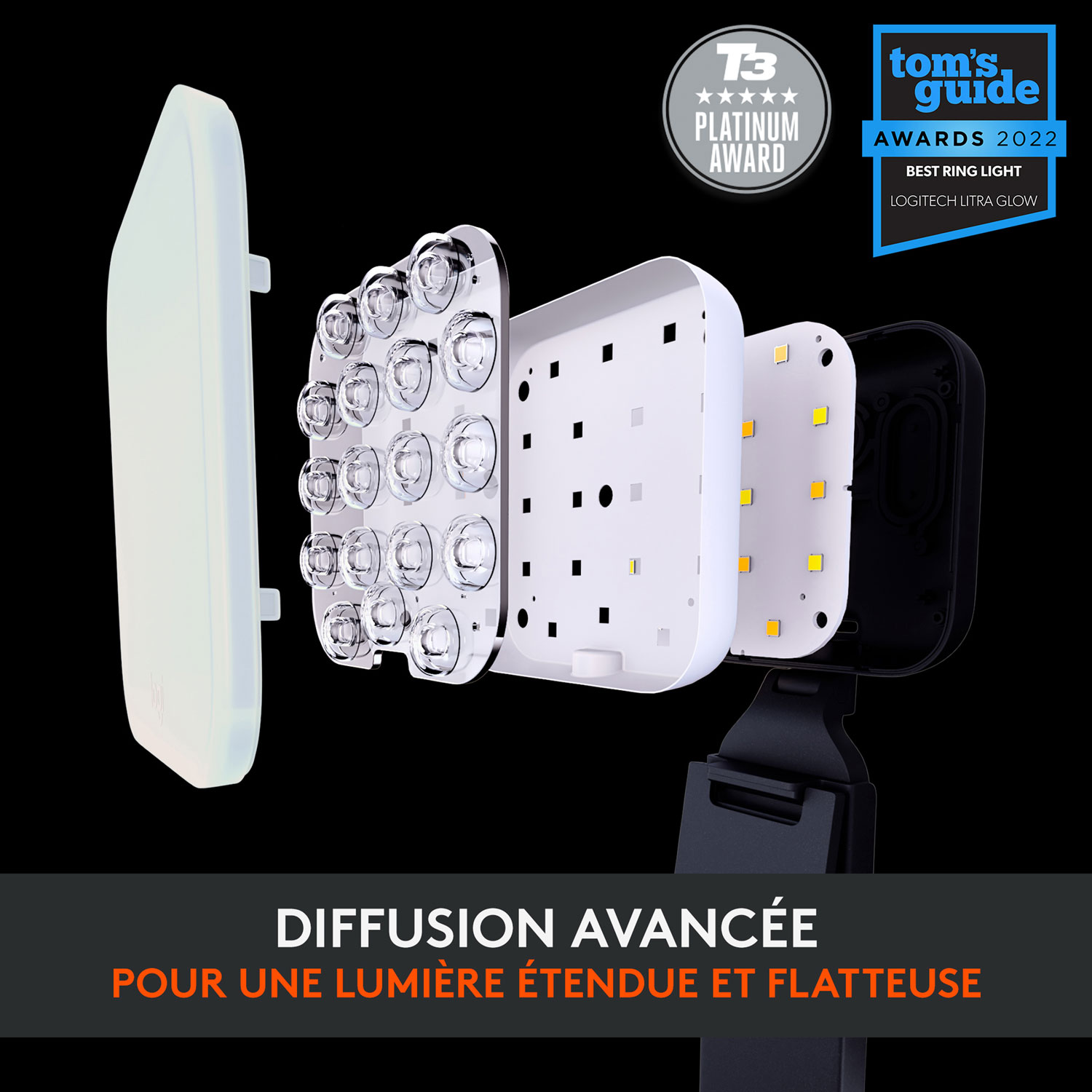 Lampe de diffusion DEL haut de gamme Litra Glow de Logitech avec TrueSoft - Noir