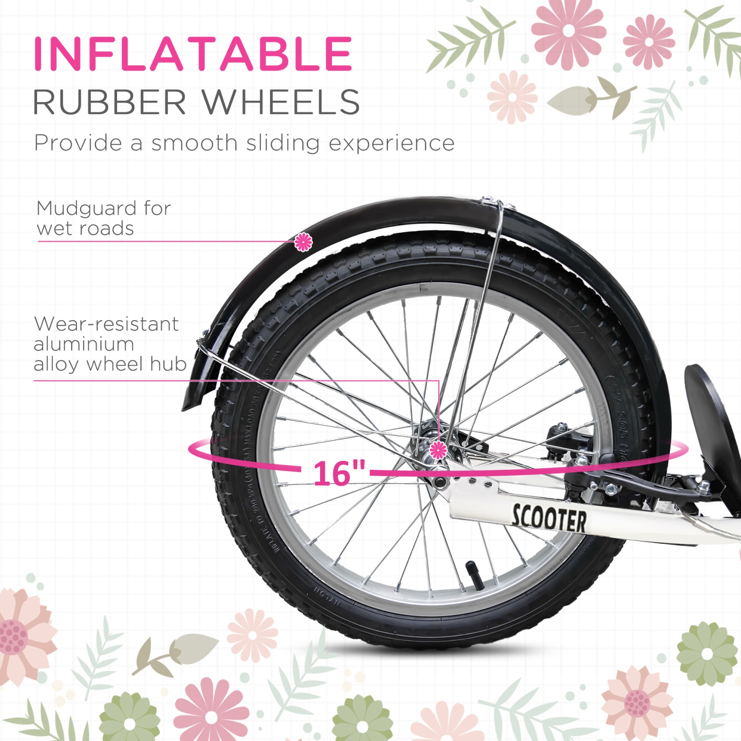 Aosom Kick Scooter for Kids Teen Ride On Children Scooter with Adjustable Handlebar 2 Brakes Basket Cupholder Mudguard 16" Inflatable Rubber Tyres