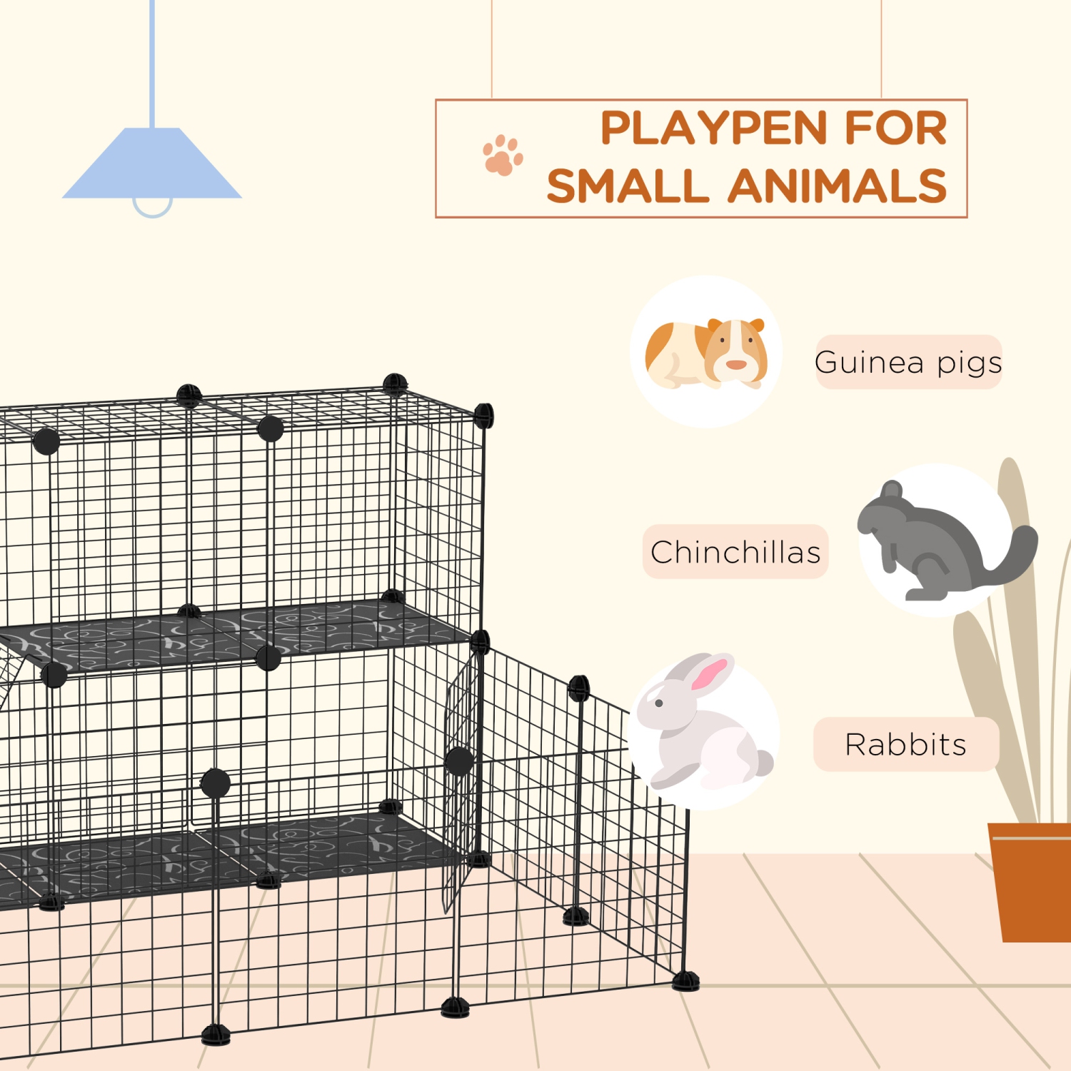 PawHut Pet Playpen, Guinea Pig Playpen, Customizable Rabbit Cage, Portable Metal Wire Pet Small Animal Fence with Door for Chinchilla, Ferret, Indoor