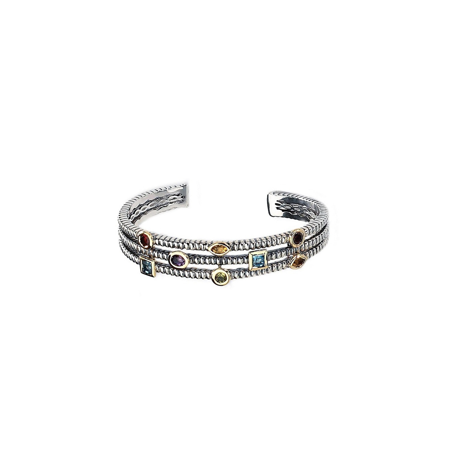 Bracelet-gantelet en argent sterling avec pierres précieuses multicolores et or 14 ct