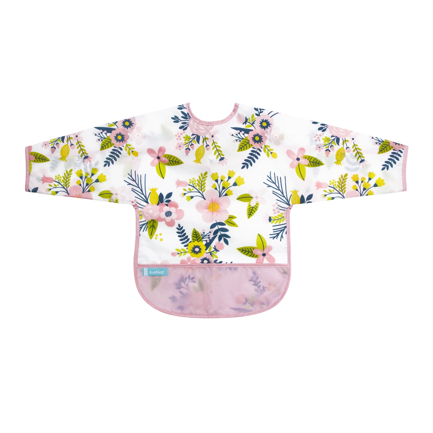 Kushies Cleanbib Waterproof Bib with Sleeves - Pink Garden Flowers