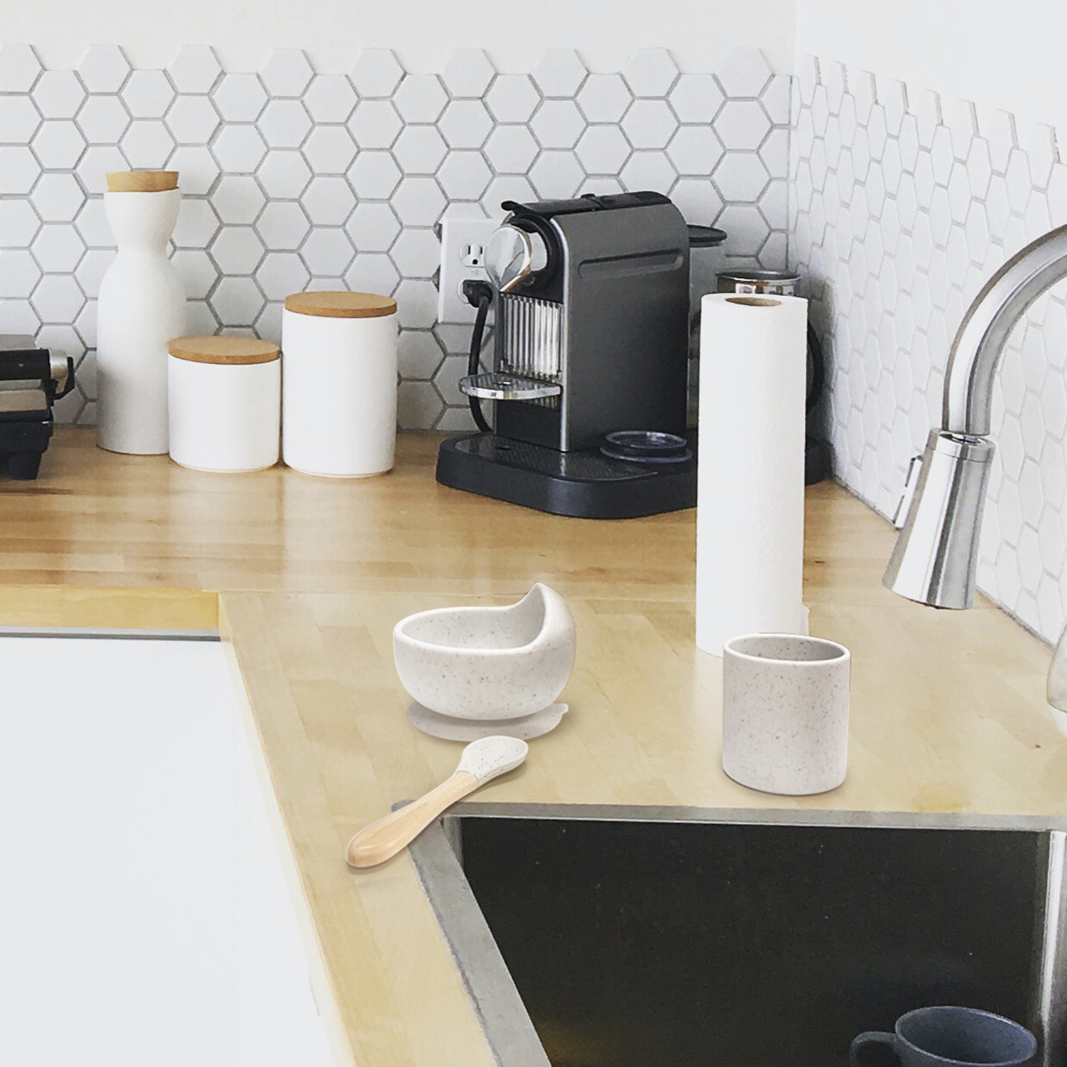 Ensemble bol et cuill&egrave;re en silicone SiliScoop de Kushies - Gris R&ecirc;ve de Jour