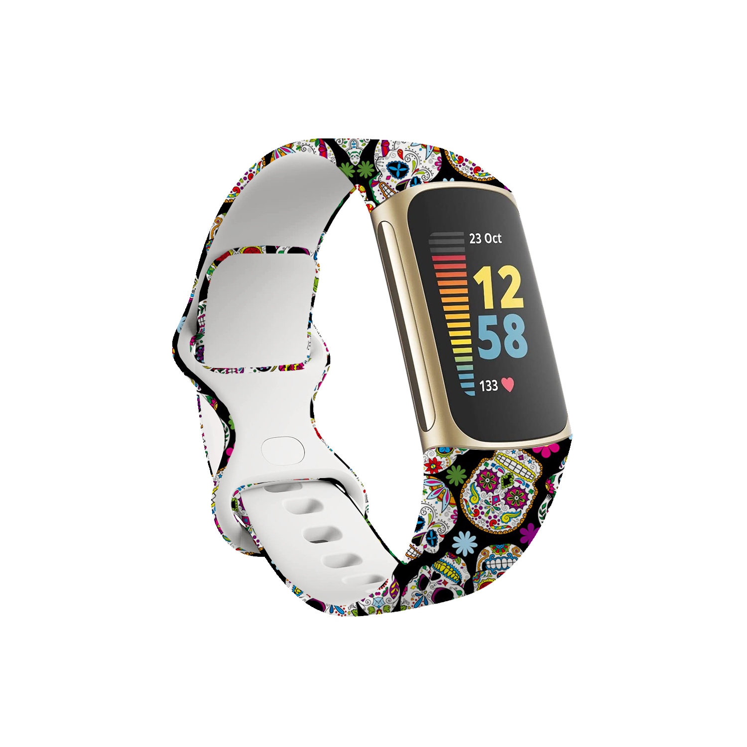StrapsCo Smooth Silicone Rubber Pattern Infinity Watch Strap for Fitbit Charge 5 - Short-Medium - Sugar Skull