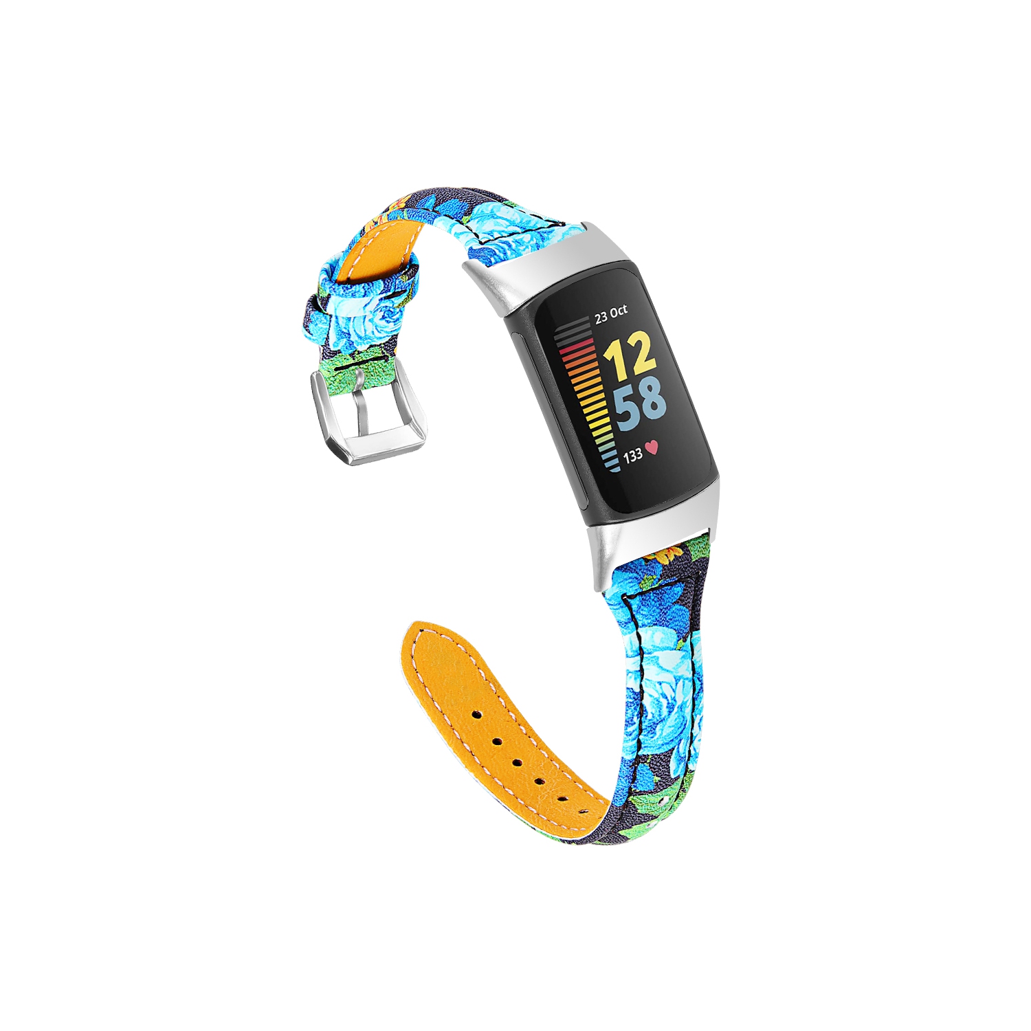 StrapsCo Floral Patterned Genuine Leather Watch Band Strap for Fitbit Charge 5 - Bloom 4