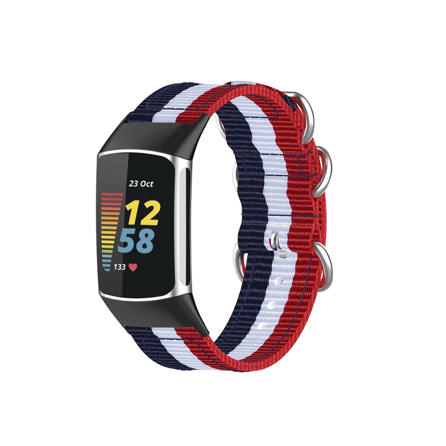 StrapsCo Durable 3-Ring Nylon Replacement Watch Band Strap for Fitbit Charge 5 - Red, White & Blue