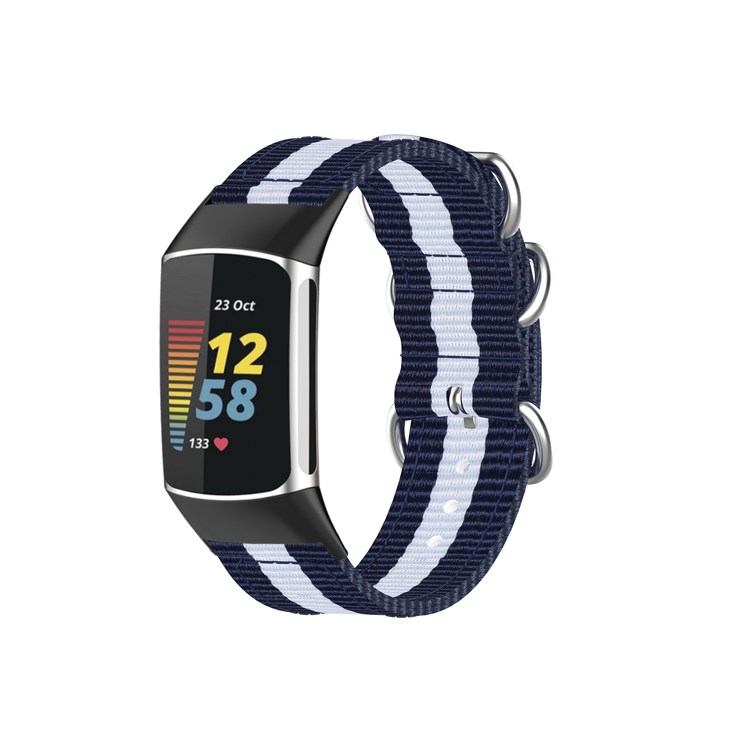 StrapsCo Durable 3-Ring Nylon Replacement Watch Band Strap for Fitbit Charge 5 - Navy & White