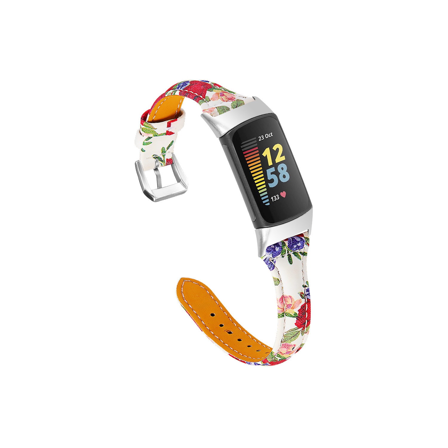 StrapsCo Floral Patterned Genuine Leather Watch Band Strap for Fitbit Charge 5 - Bloom 2