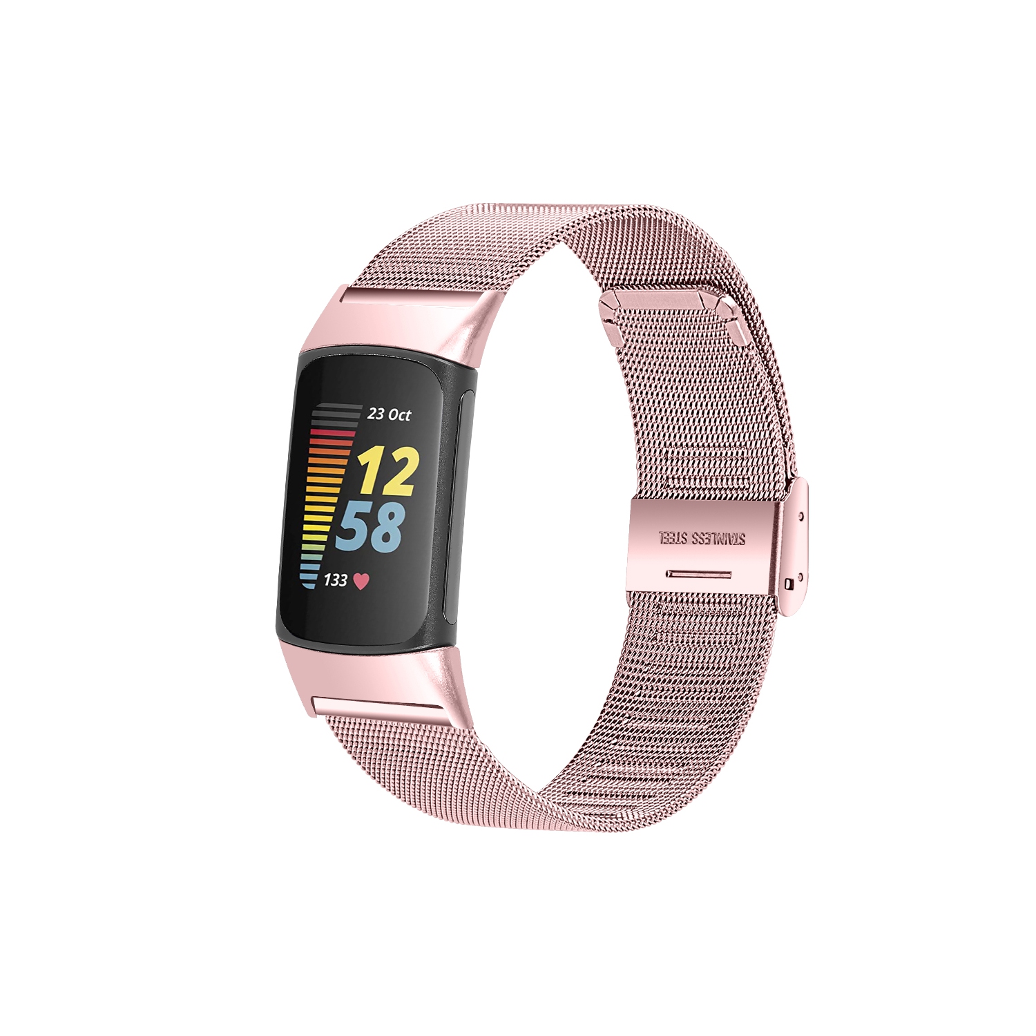 StrapsCo Fine Stainless Steel Mesh Bracelet Watch Band for Fitbit Charge 5 - Pink
