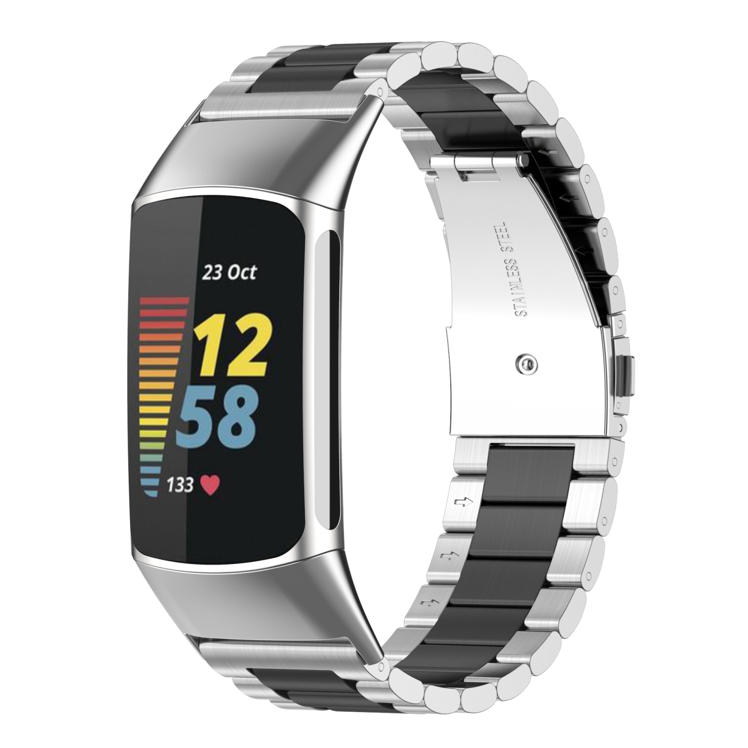 StrapsCo Two-Tone Stainless Steel Watch Strap Band for Fitbit Charge 5 - Silver & Black