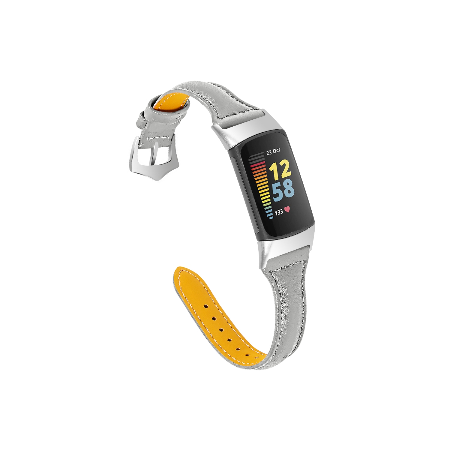 Bande en cuir véritable StrapsCo mince - Sangle de montre pour Fitbit Charge 5 - Gris