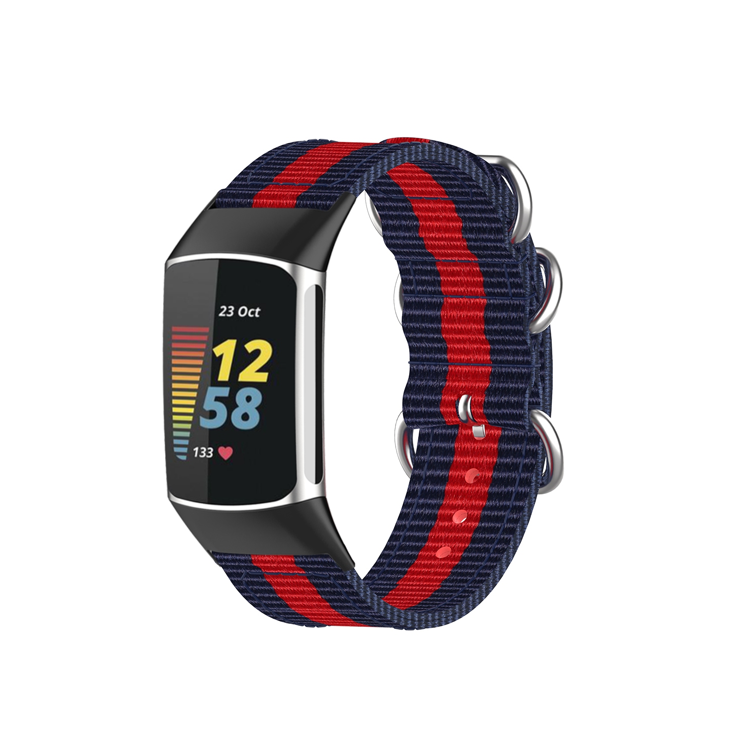 Bande de montre de remplacement en nylon de Nylon de nylon de StrapsCo Durable pour la charge Fitbit 5 - Bleu marine & rouge
