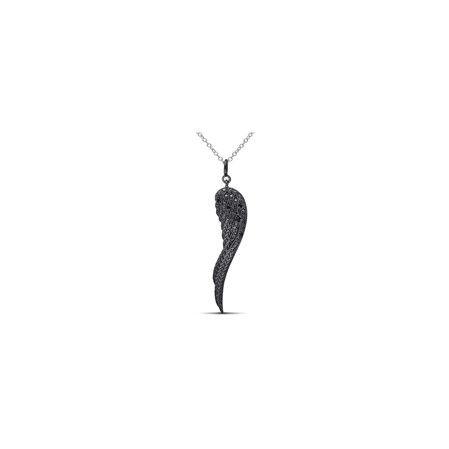 Collier à pendentif en forme d’aile en argent sterling avec diamants noirs et chaîne