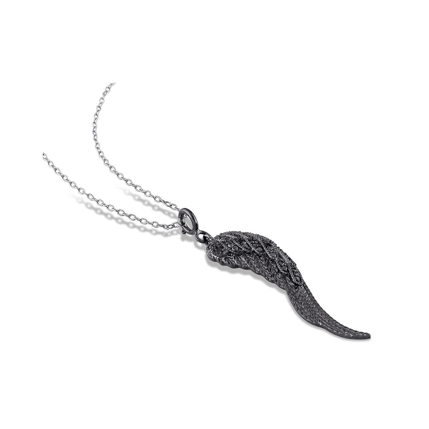 Collier à pendentif en forme d’aile en argent sterling avec diamants noirs et chaîne