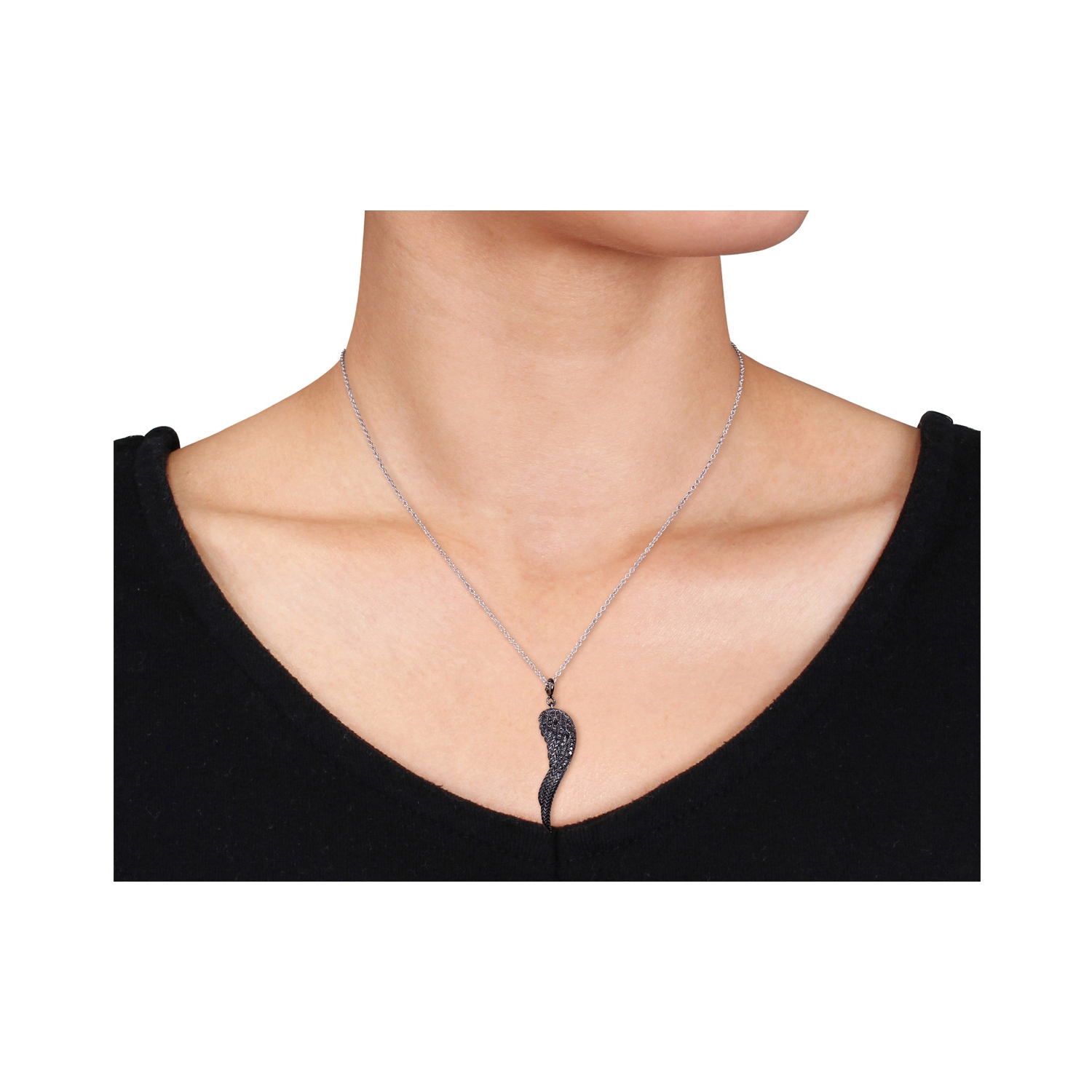 Collier à pendentif en forme d’aile en argent sterling avec diamants noirs et chaîne