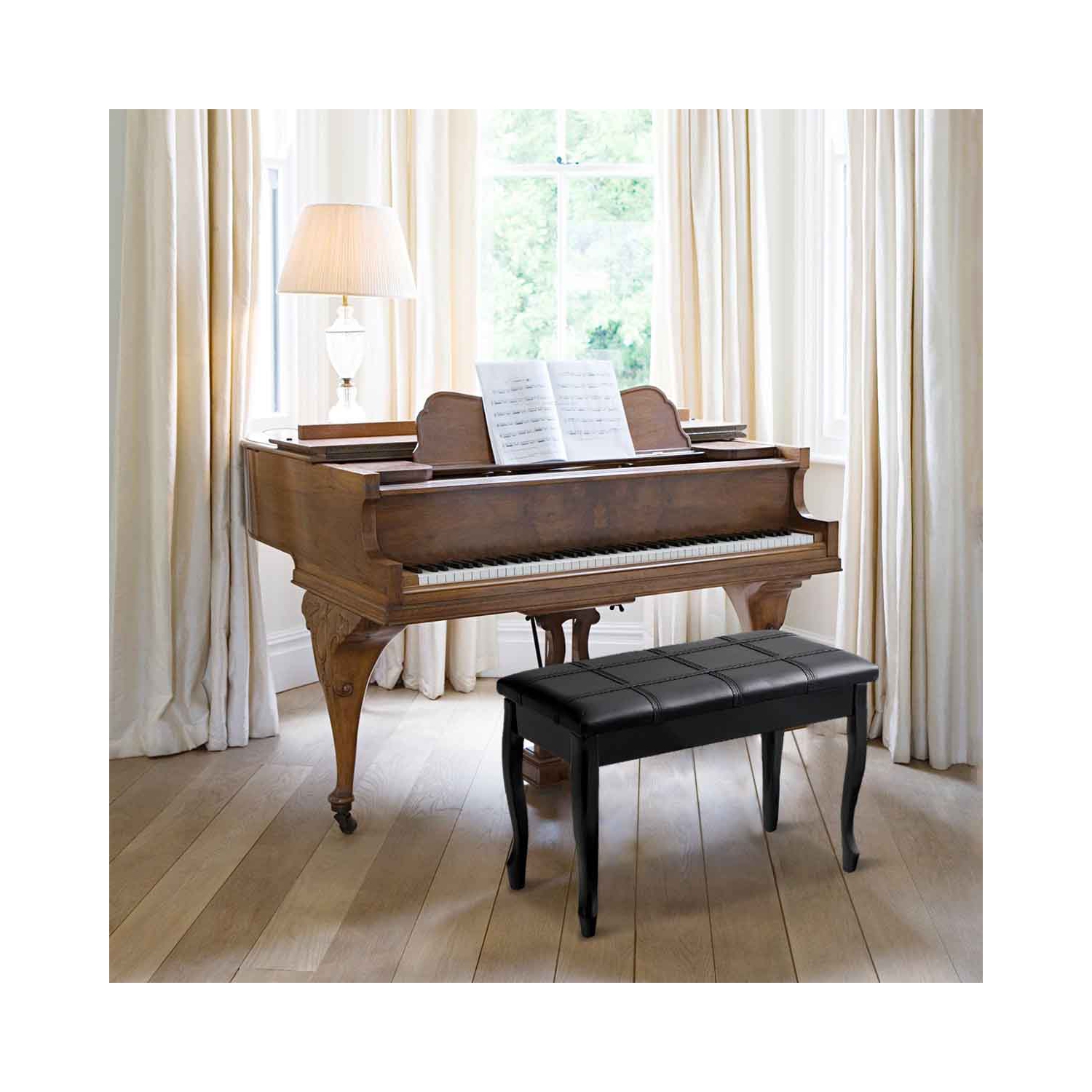 Topbuy PU Leather Piano Bench Solid Wood Padded Double Duet Keyboard Seat w/ Storage Box Black