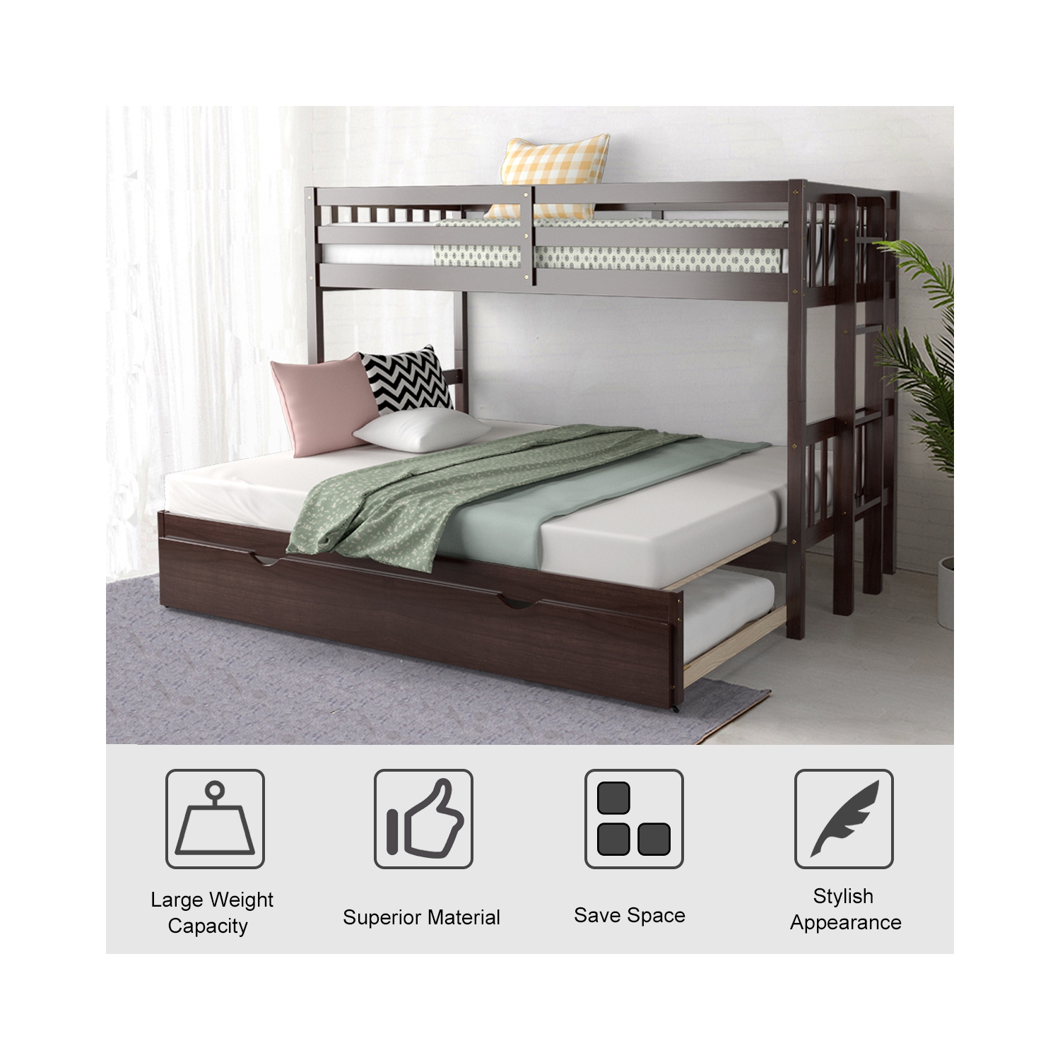 TopBuy – Lits superposés avec lit gigogne et échelle pour enfants, espresso