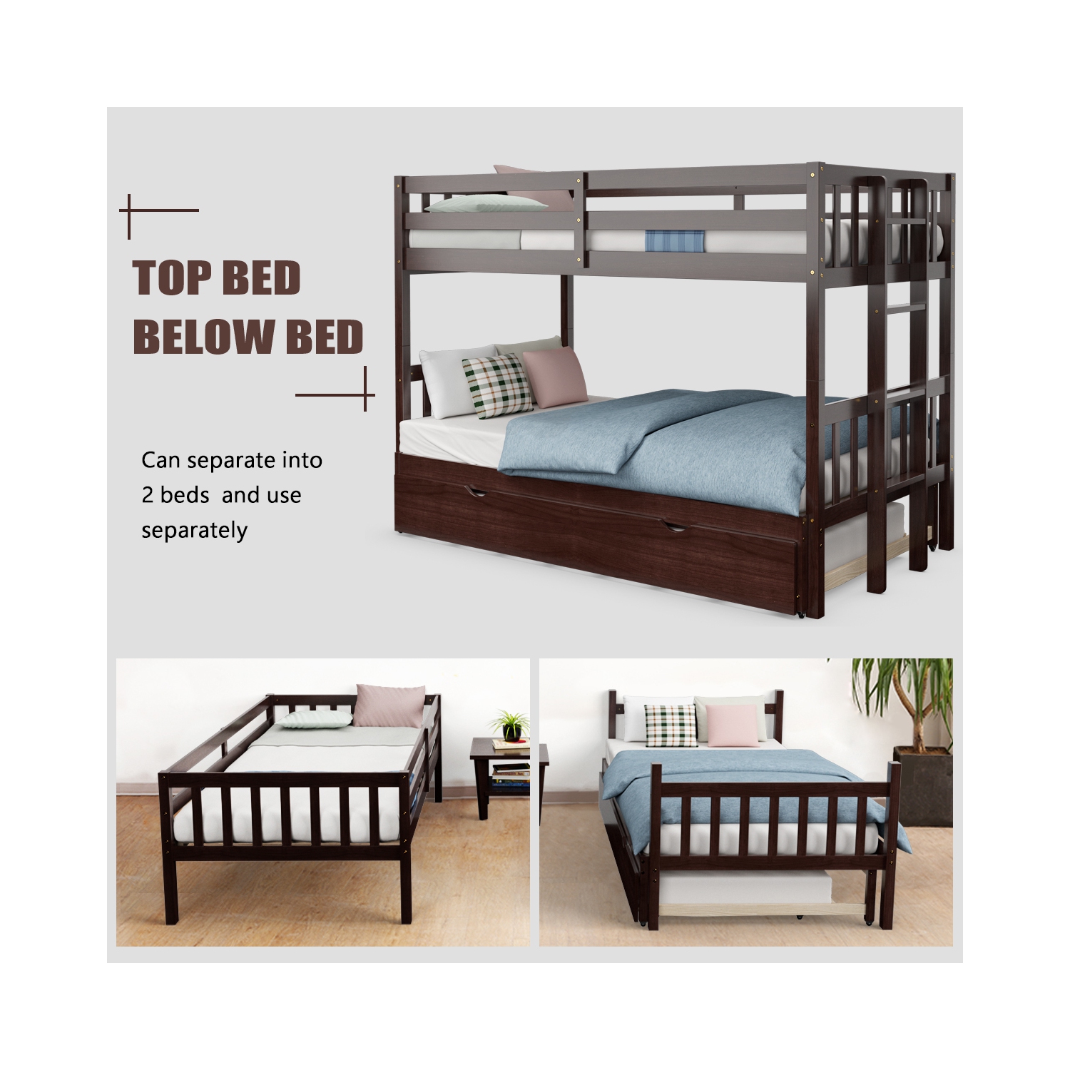 TopBuy – Lits superposés avec lit gigogne et échelle pour enfants, espresso