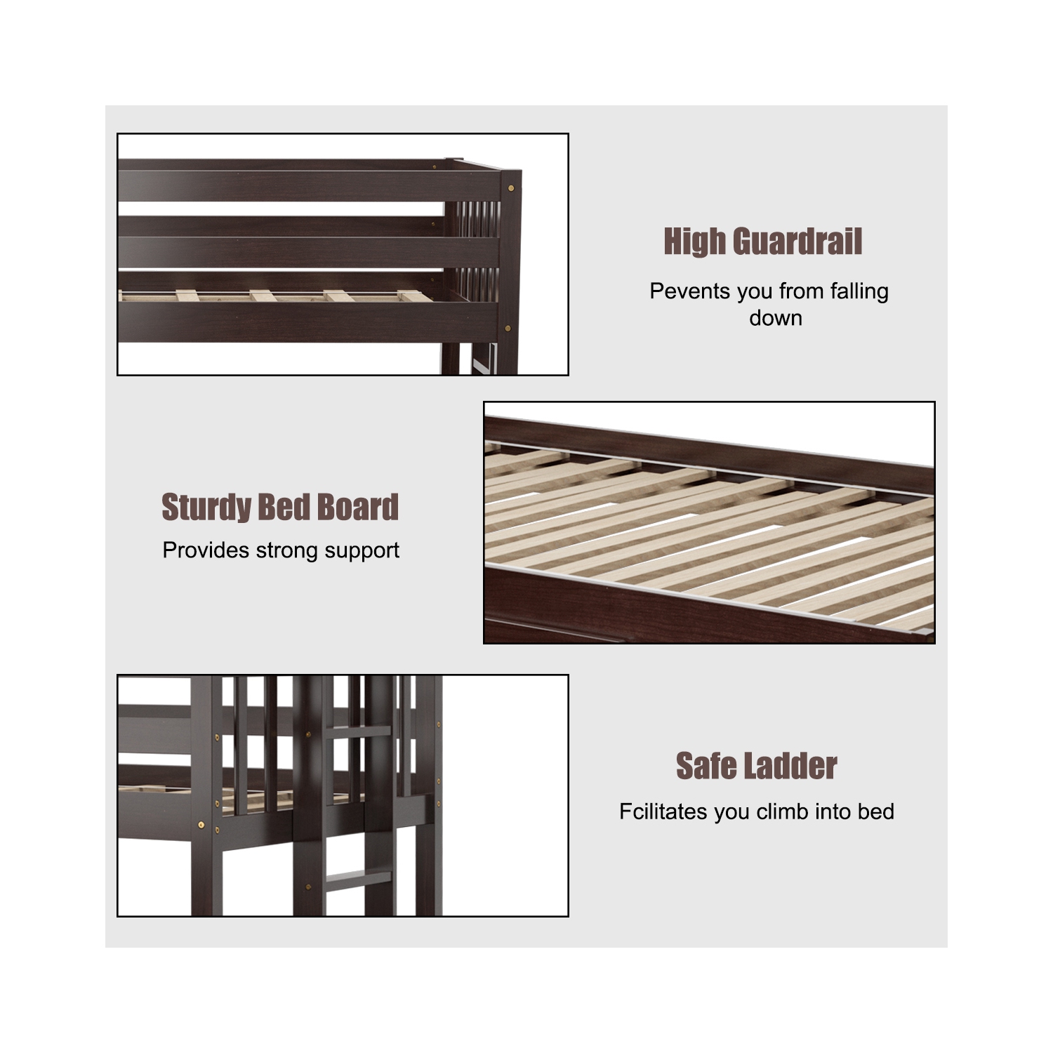 TopBuy – Lits superposés avec lit gigogne et échelle pour enfants, espresso